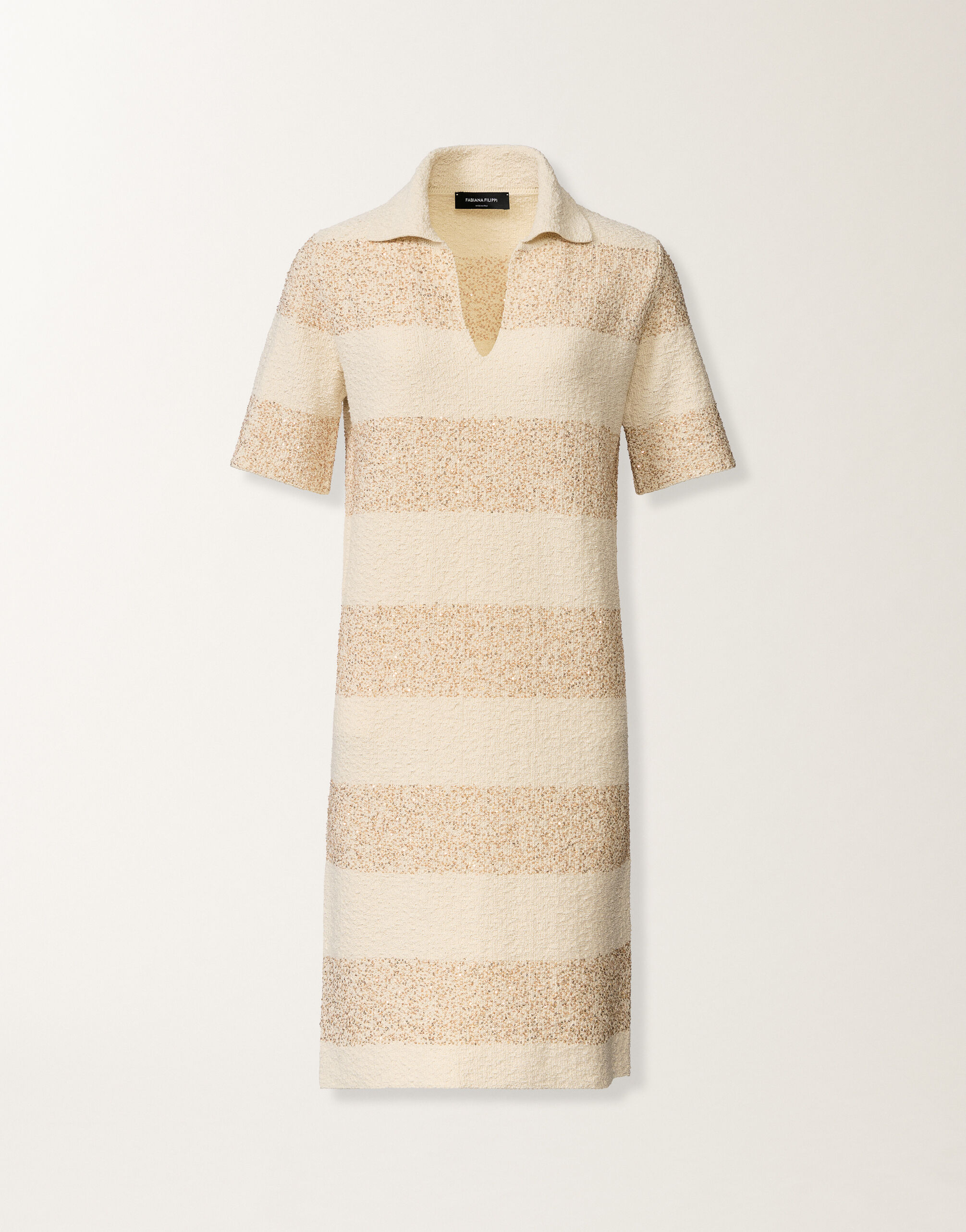 Fabiana Filippi Striped cotton tweed dress with sequins, in butter and khaki BUTTER ABD276F598M1010000