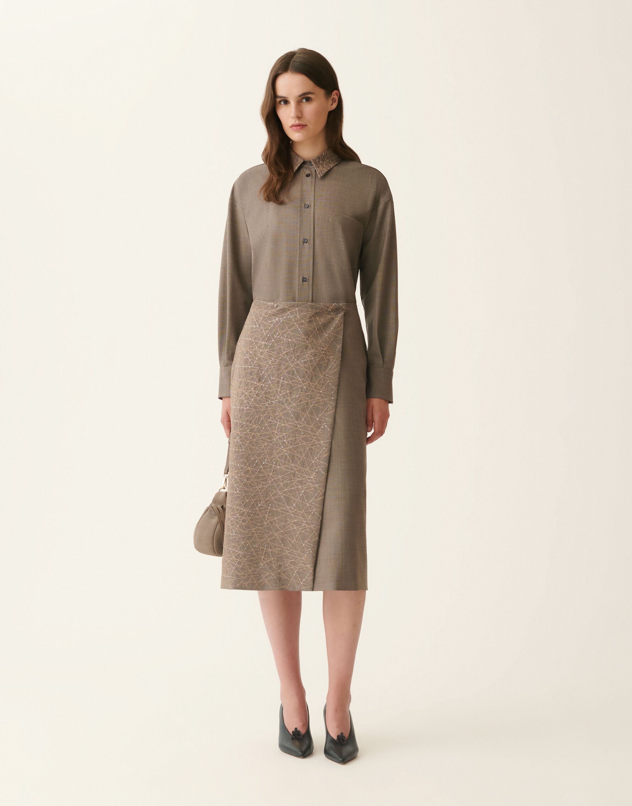 Fabiana Filippi Wrap pencil skirt in bi-stretch fresco wool, falcon Falcon GND226F335M4840000