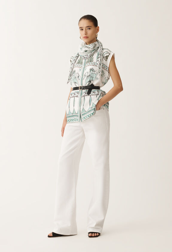 Fabiana Filippi Silk twill T-shirt with painted print, white, aqua green and teal WHITE/TURQUOISE/AQUAGREEN CAD275F597L4550000