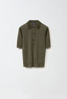 Fabiana Filippi SHORT SLEEVE KNIT POLO WITH GALASSIA EMBROIDERED COLLAR GREEN CAD214F267D6140000