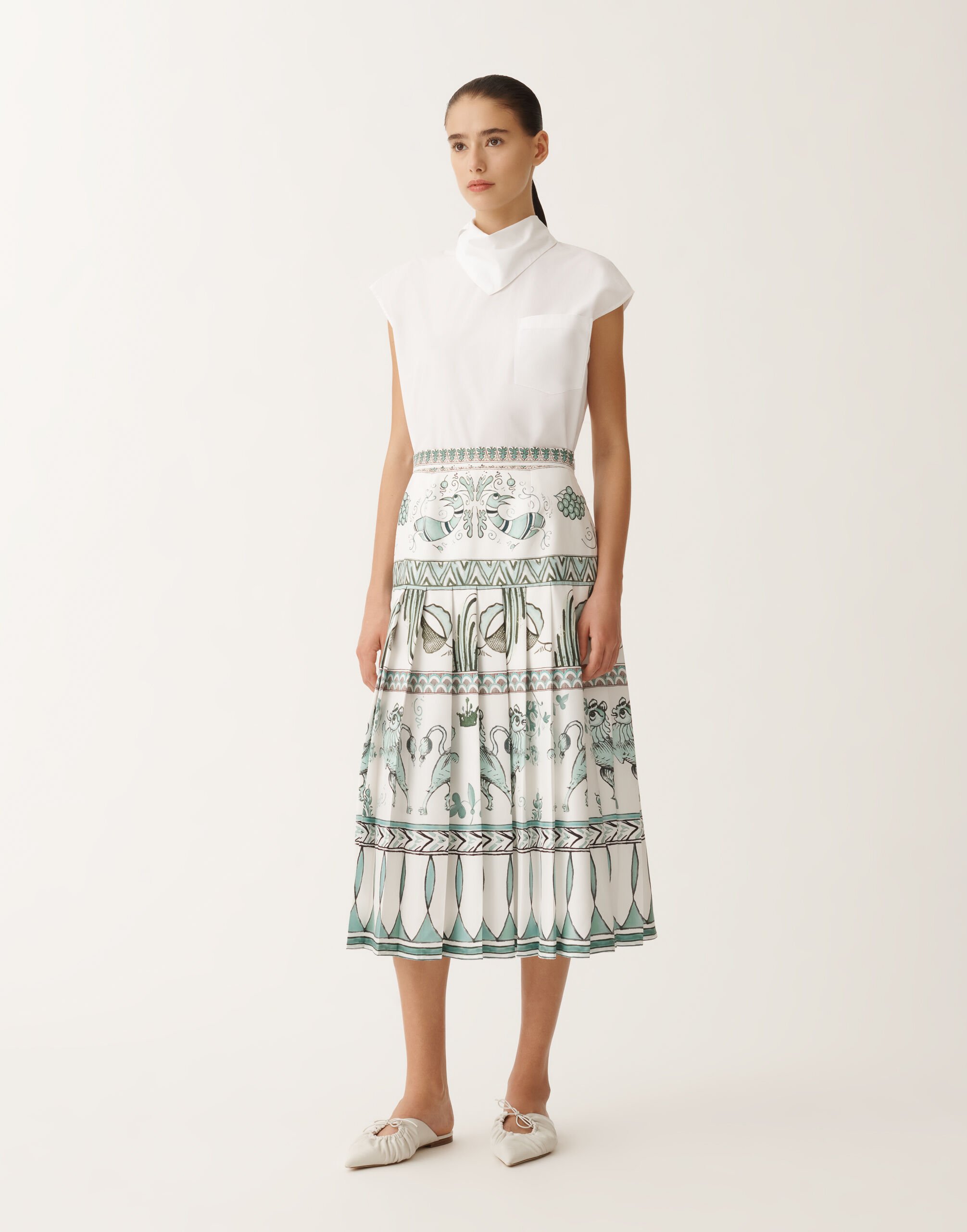 Fabiana Filippi Jupe en sergé de soie à imprimé picta, blanc, vert d’eau et bleu pétrole BLANC/TURQUOISE/VERT EAU GND275F843D8600000