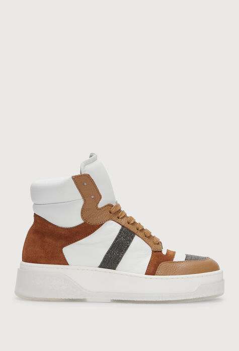 Fabiana Filippi High-top suede and leather sneakers, white and camel ASD264A921I3520000