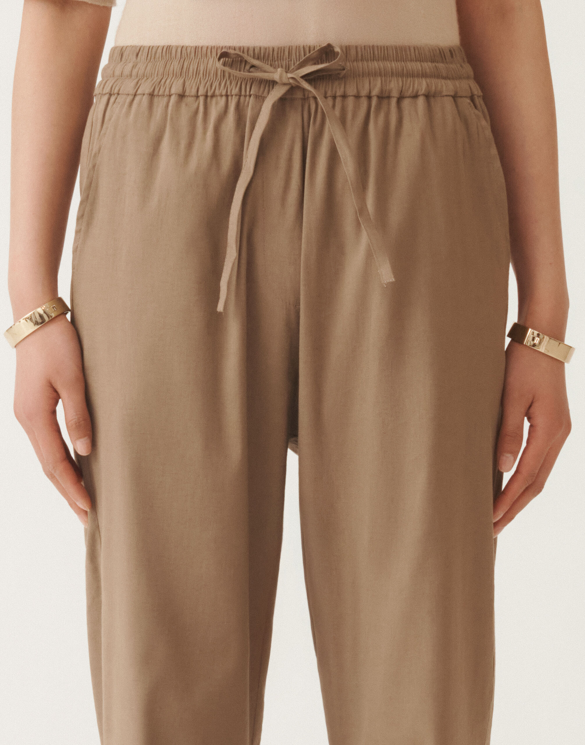 Stretch viscose and linen trousers, taupe for Women