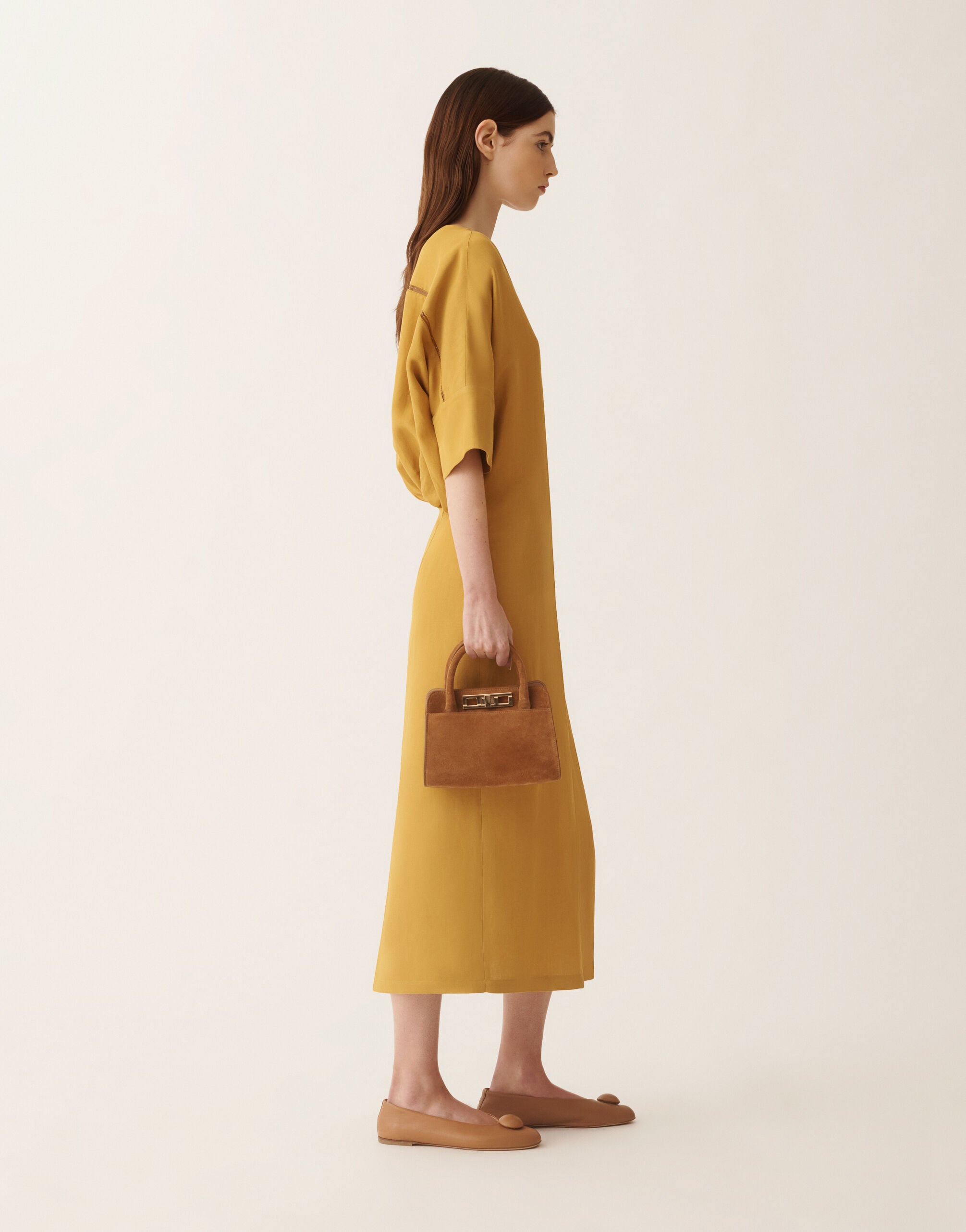 Fluid linen and viscose dress in mustard for Women | Fabiana Filippi®