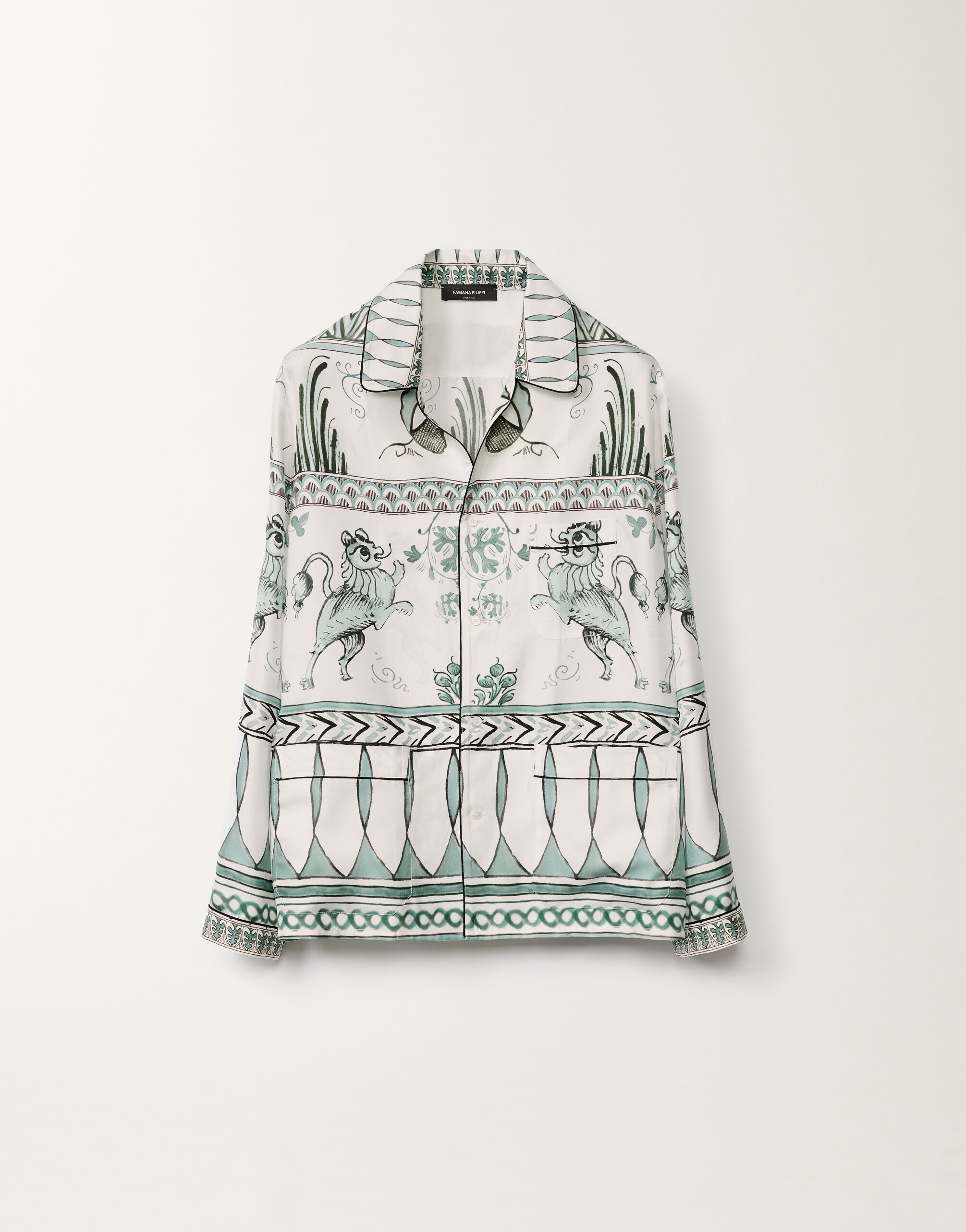 Fabiana Filippi Silk twill shirt with painted print, white, aqua green and teal WHITE/TURQUOISE/AQUAGREEN CAD275F734D8600000