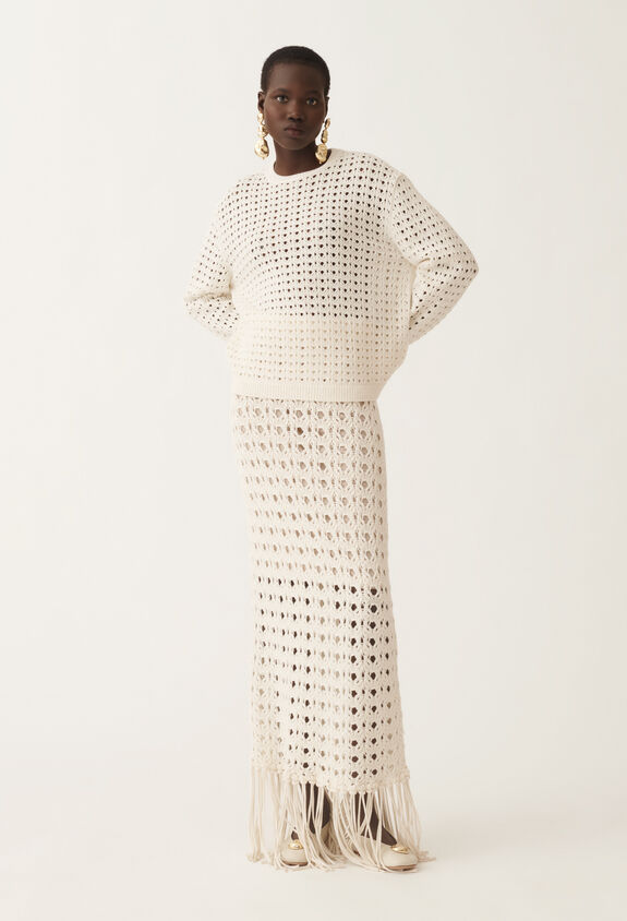 Fabiana Filippi Platinum skirt with fringes, raffia WHITE GND215F402L5980000
