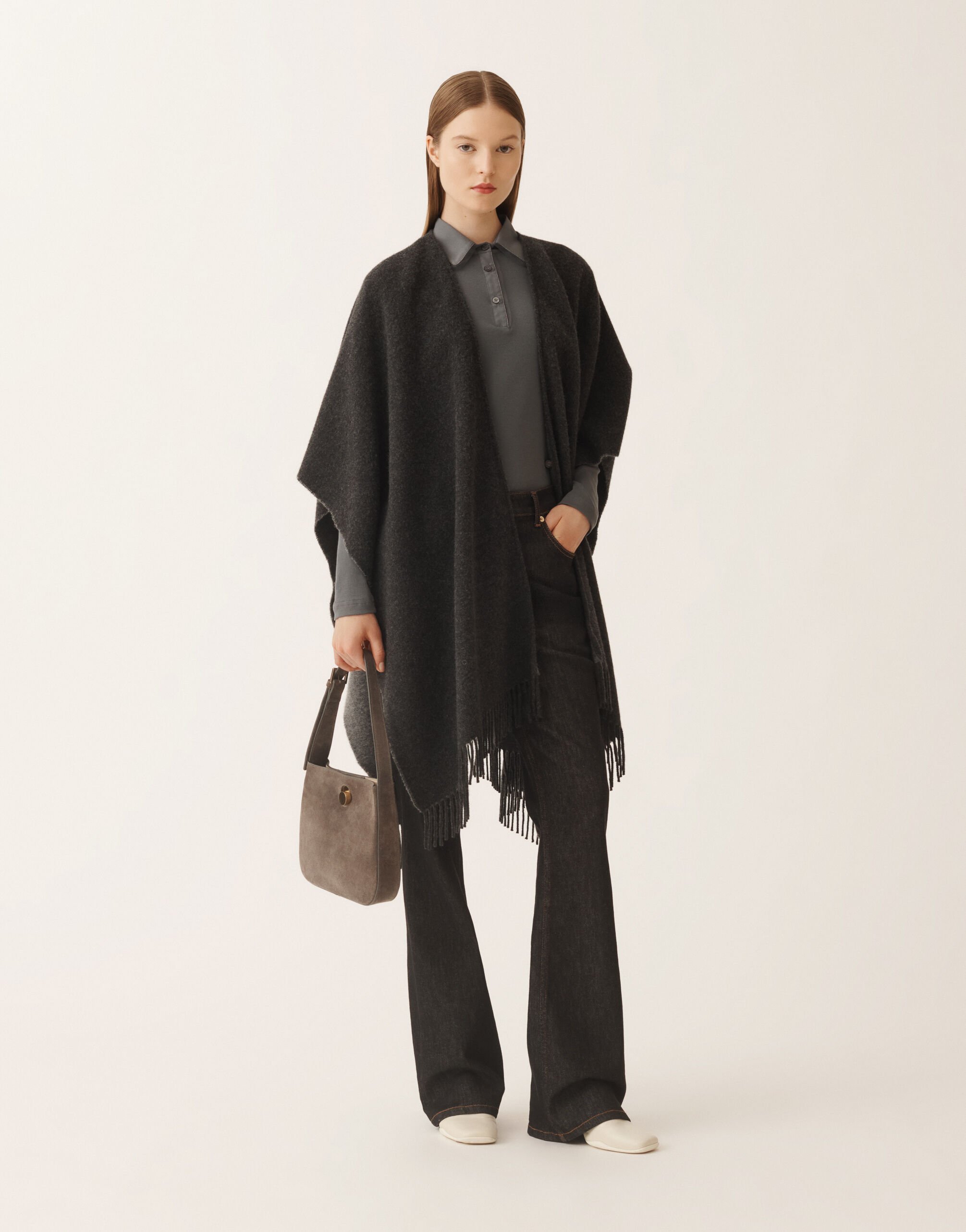Open wool and cashmere cape, slate and rock for Women | Fabiana