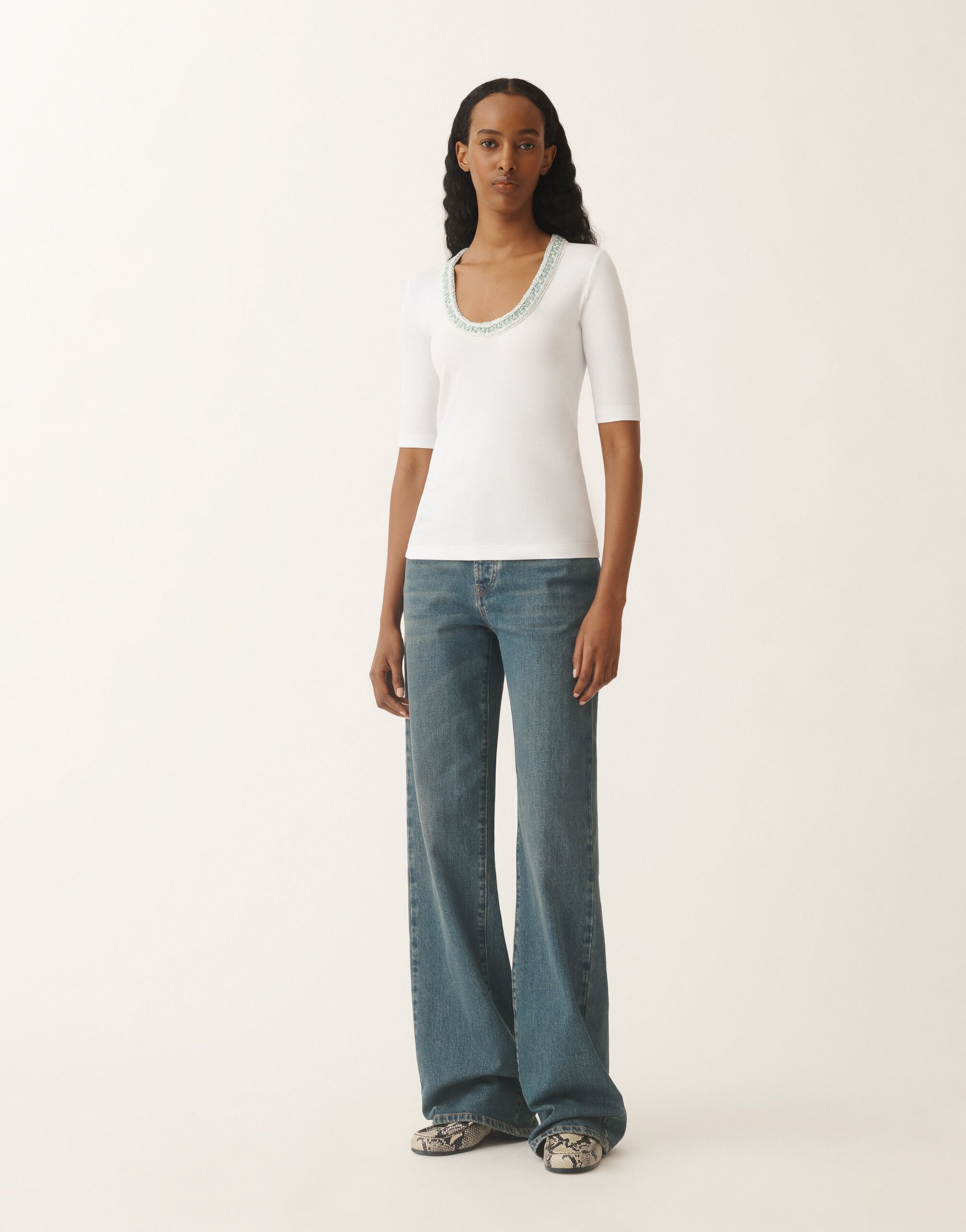 Fabiana Filippi Jersey T-shirt, optical white and aqua green WHITE/AQUAGREEN JED275F151L4540000