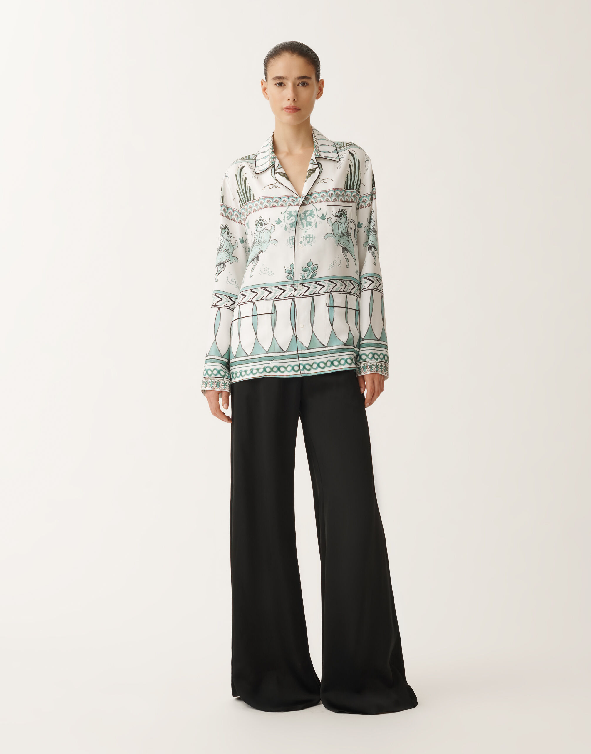 Silk twill shirt with painted print, white, aqua green and