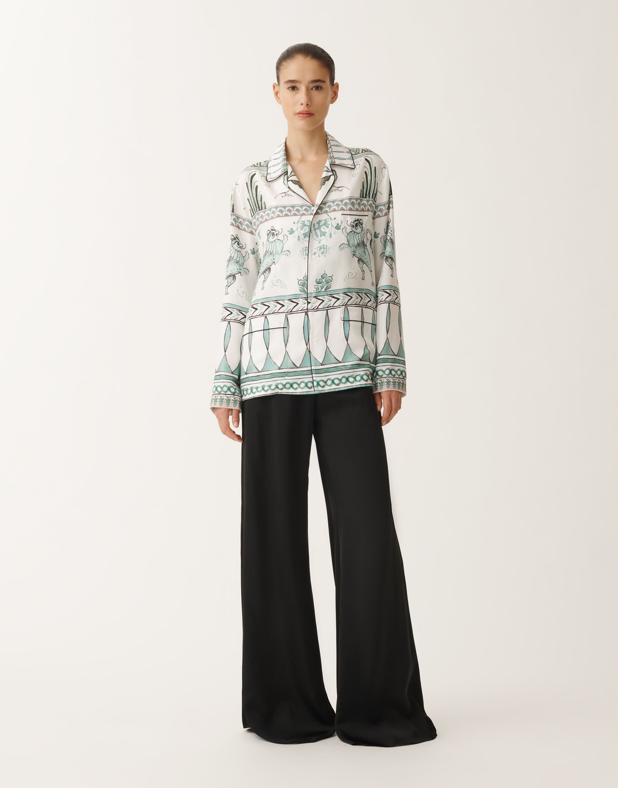 Fabiana Filippi Silk twill shirt with painted print, white, aqua green and teal WHITE/TURQUOISE/AQUAGREEN CAD275F734D8600000