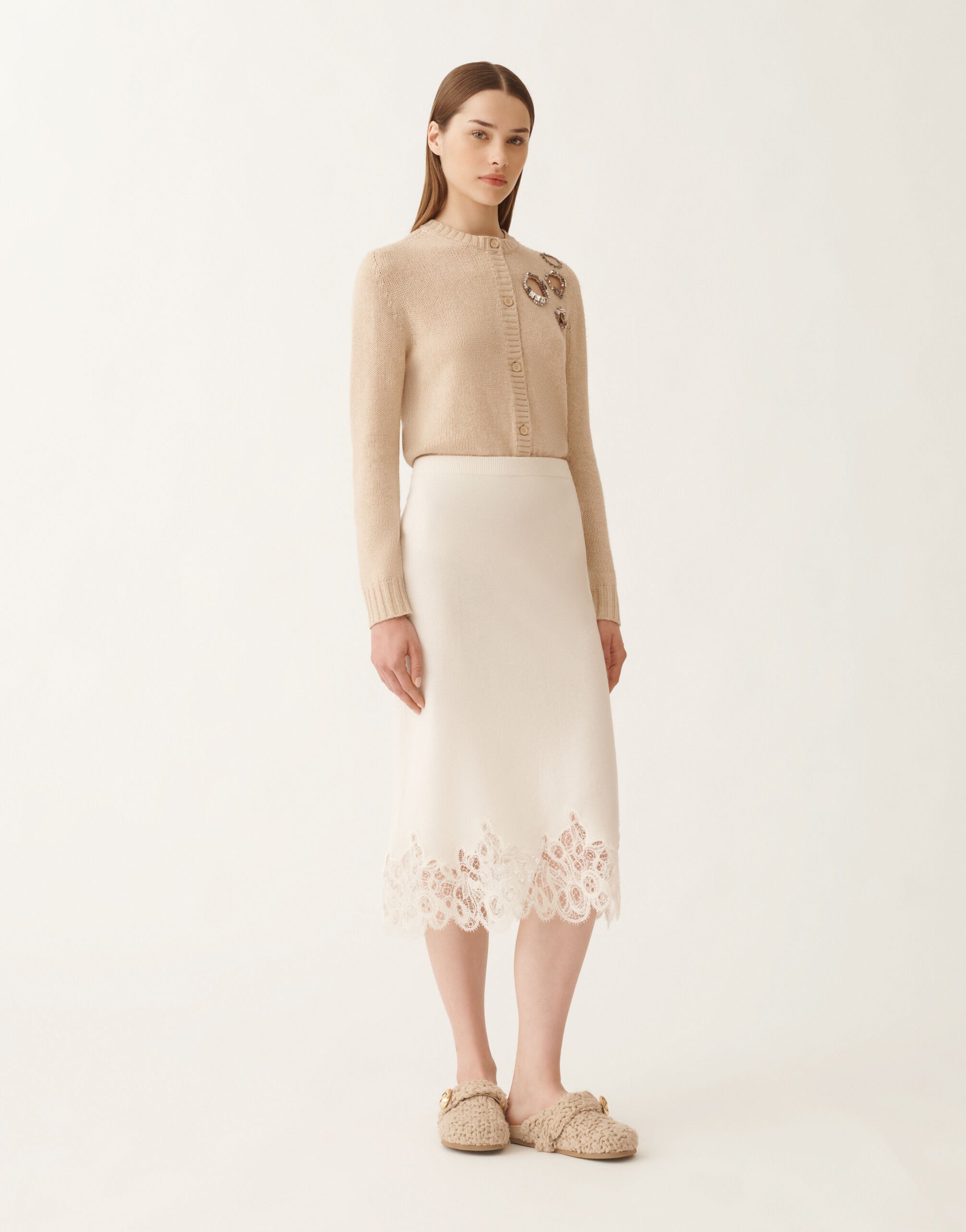 Fabiana Filippi Platinum skirt with macramé lace, raffia WHITE GND215F395L5190000