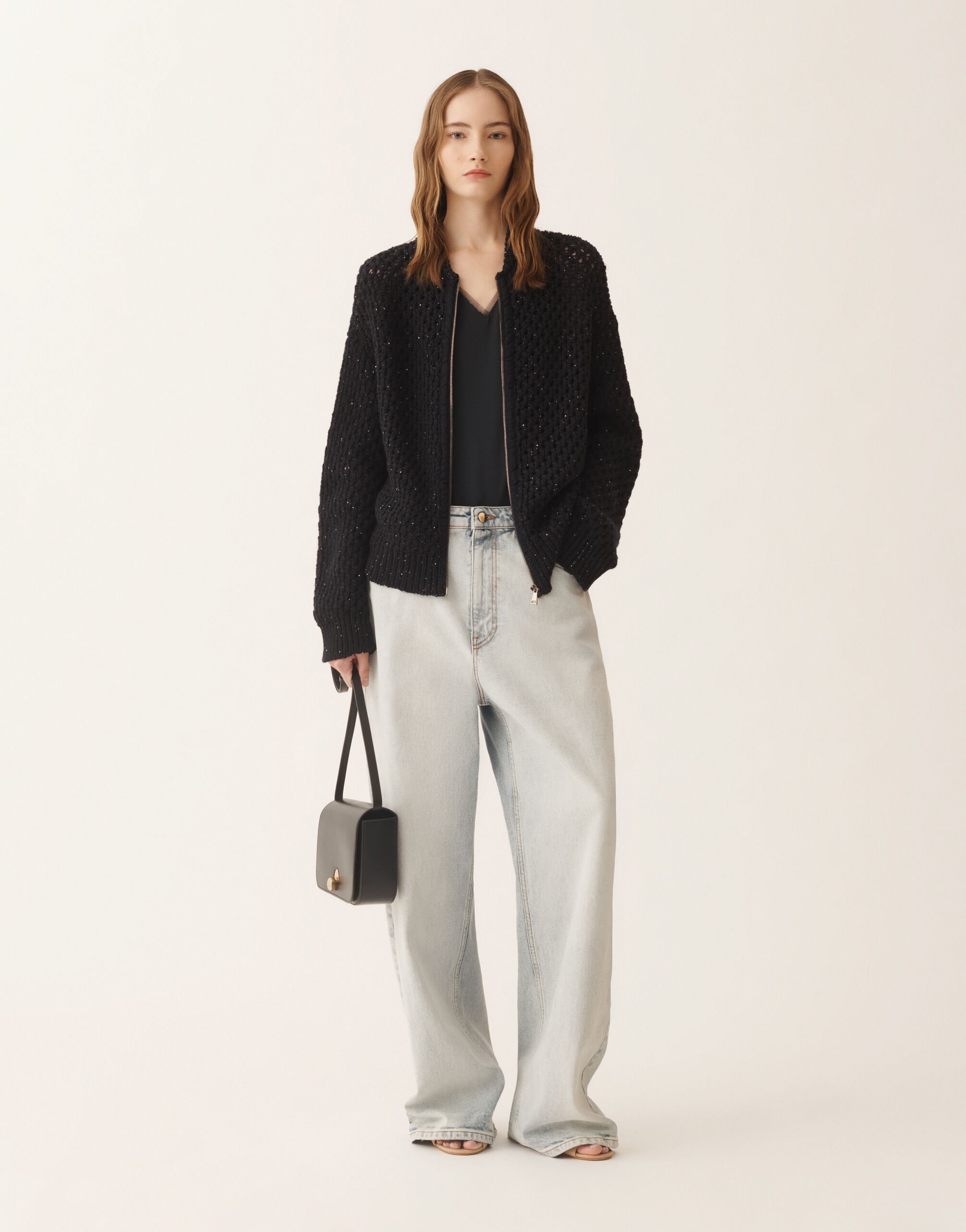 Bomber in platinum and micro sequins, midnight blue for Women