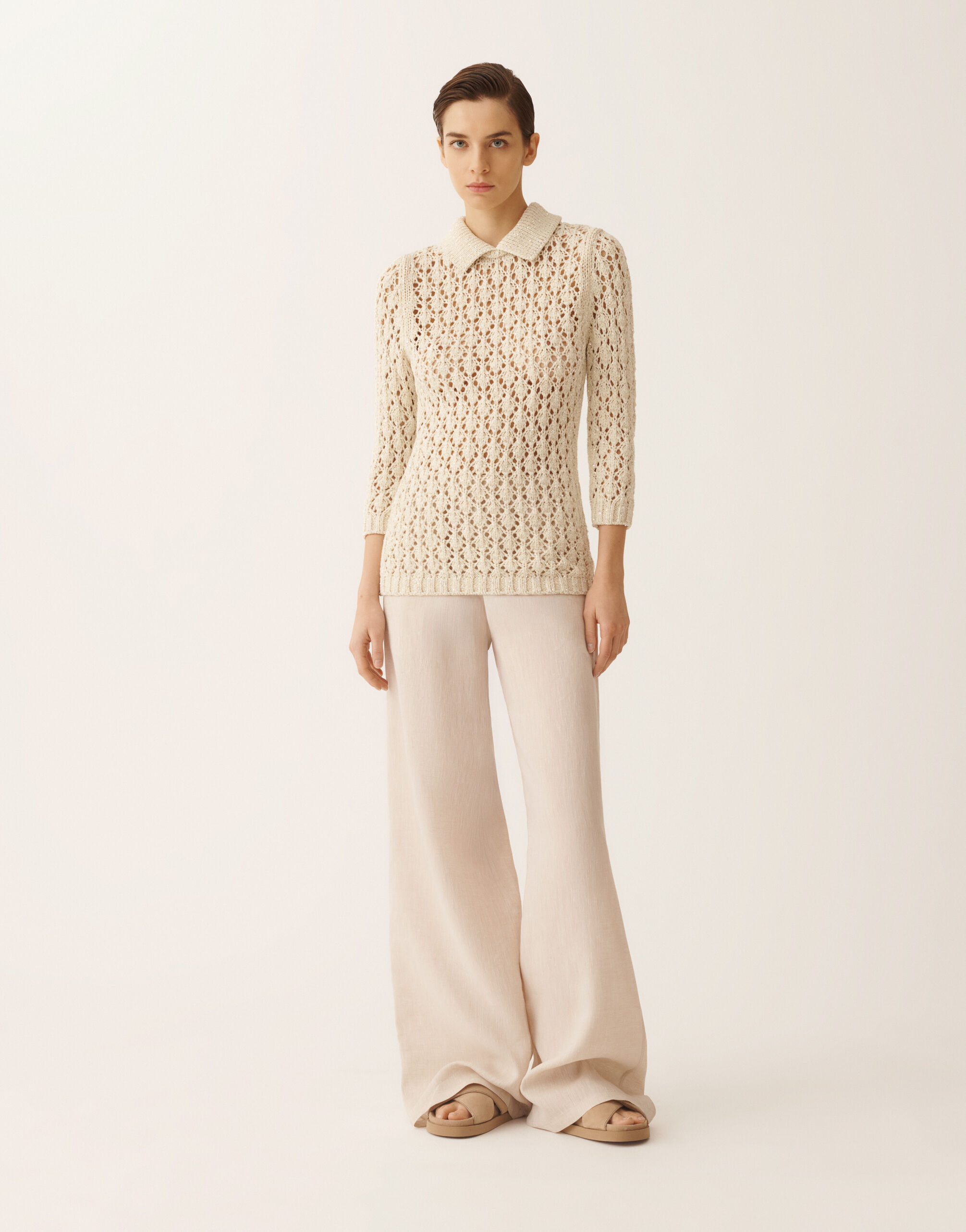 Cotton tape-knit sweater with sequins, butter for Women | Fabiana
