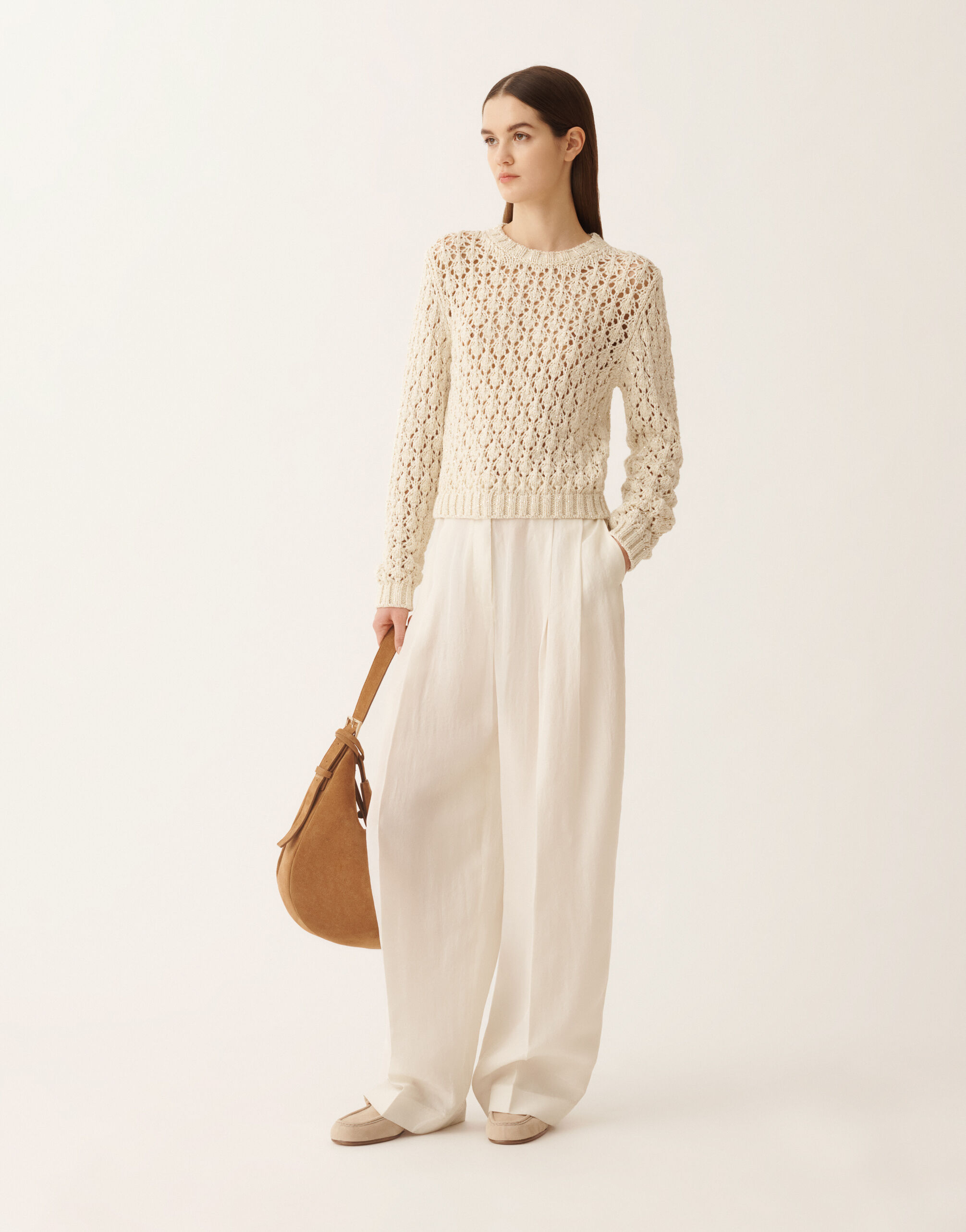 Fabiana Filippi Cotton ribbon sweater with sequins, cream BUTTER MAD276F101M1020000