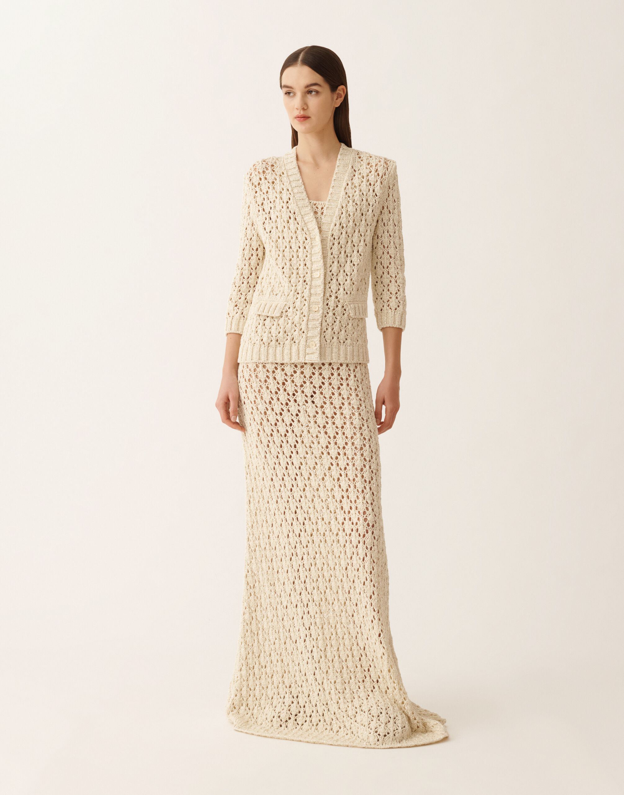 Fabiana Filippi Cotton tape cardigan with sequins, in cream BUTTER MAD276F559M1020000
