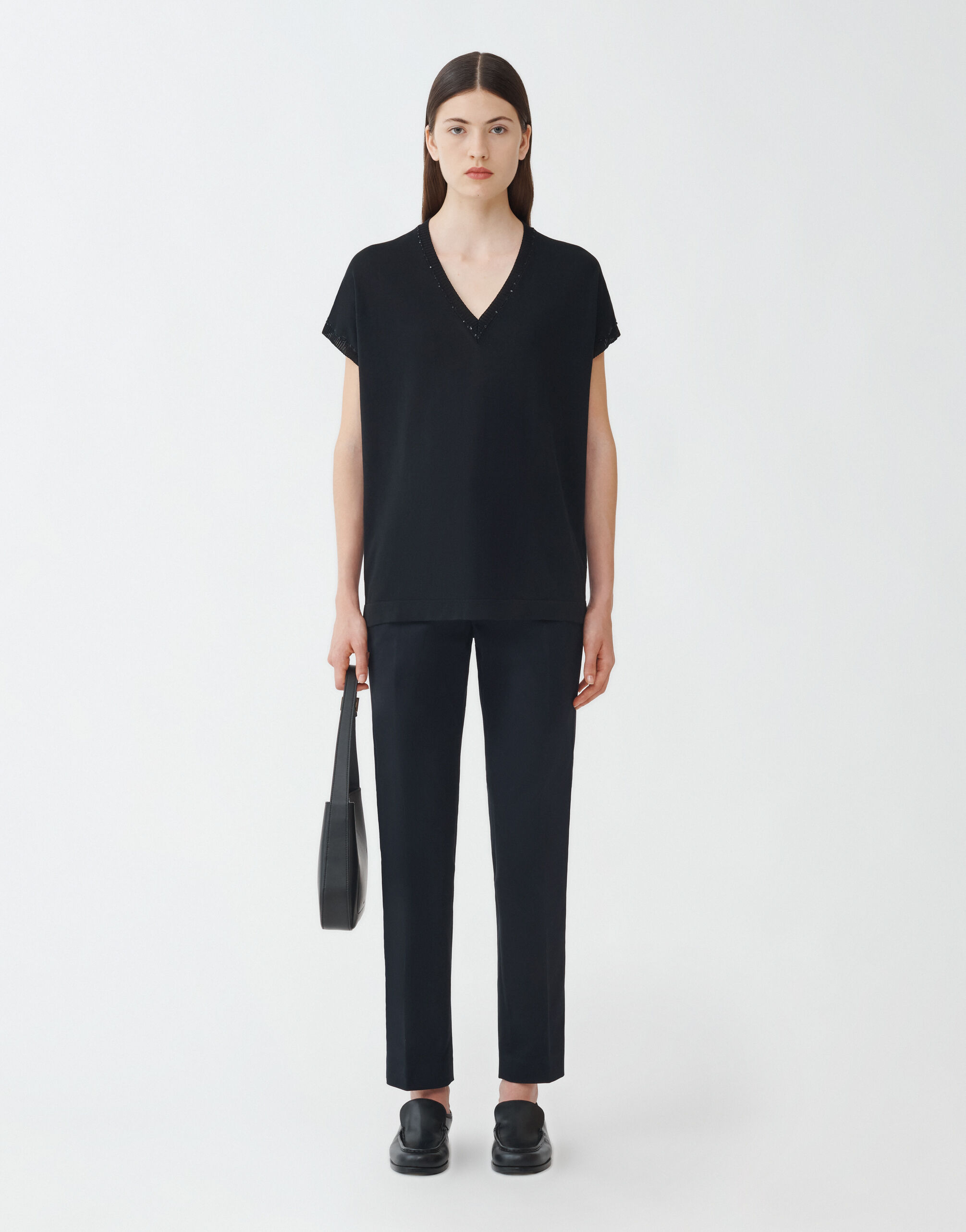 Fabiana Filippi COTTON V NECK SWEATER WITH SEQUIN THREAD BLACK MAD274F358H4960000