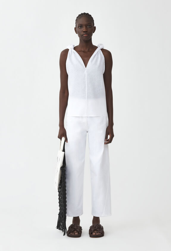Fabiana Filippi LINEN CLOTH V NECK TOP WITH KNOT DETAIL OPTICAL WHITE TPD274F633D6610000