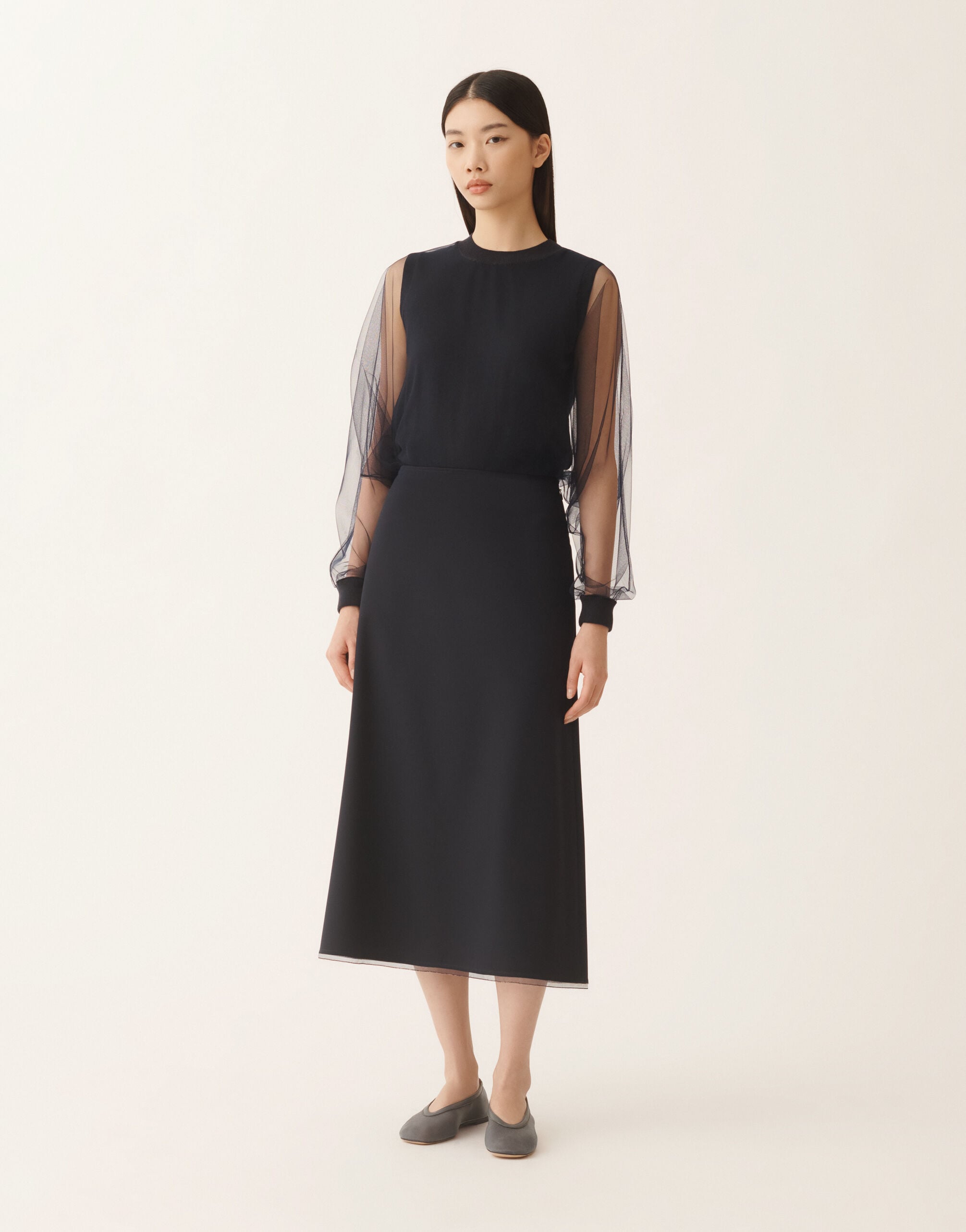Mid-length skirt in techno tailoring, midnight blue for Women