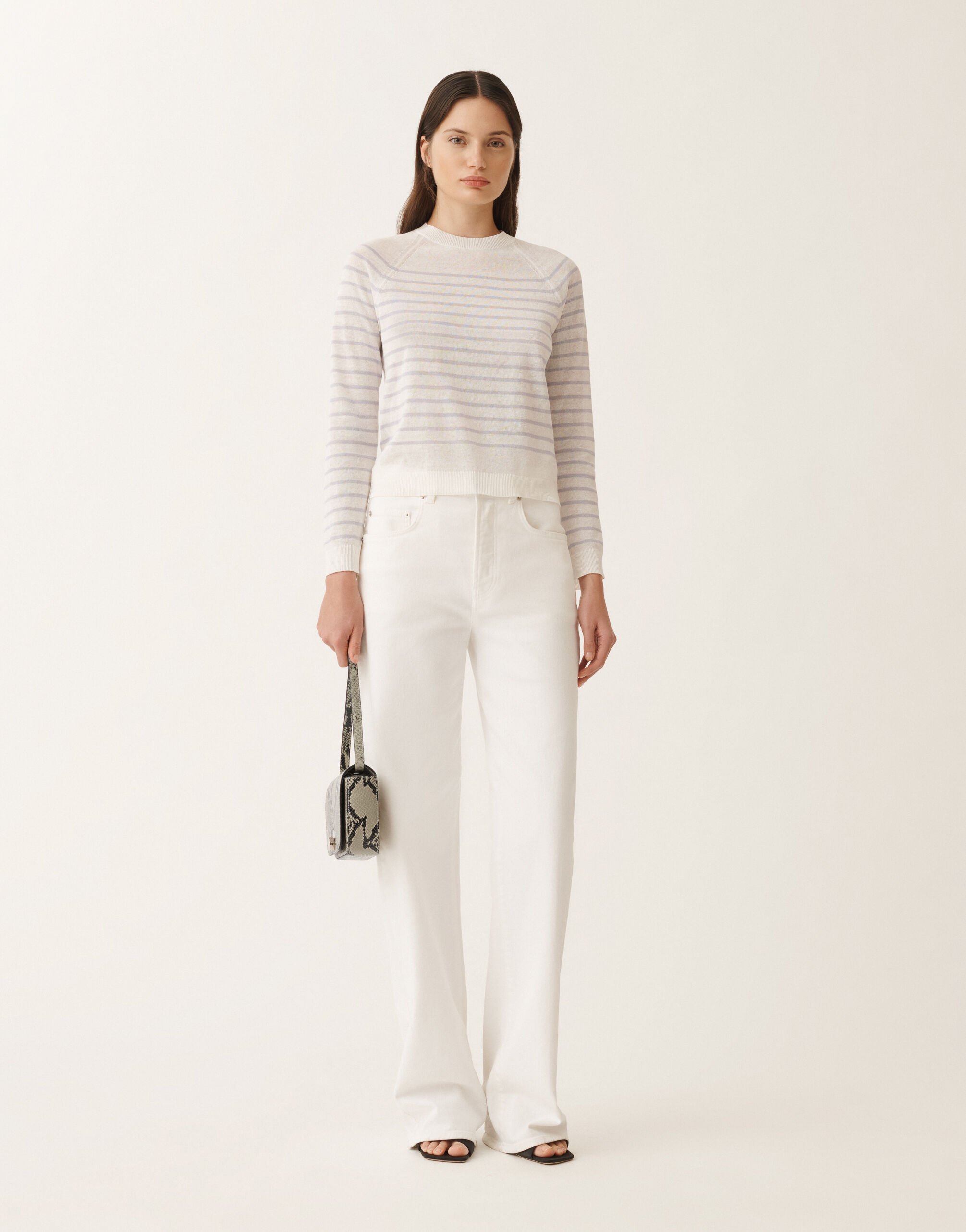 Fabiana Filippi Linen striped sweater, white and mauve WHITE/LAVENDER MAD275F031L3420000
