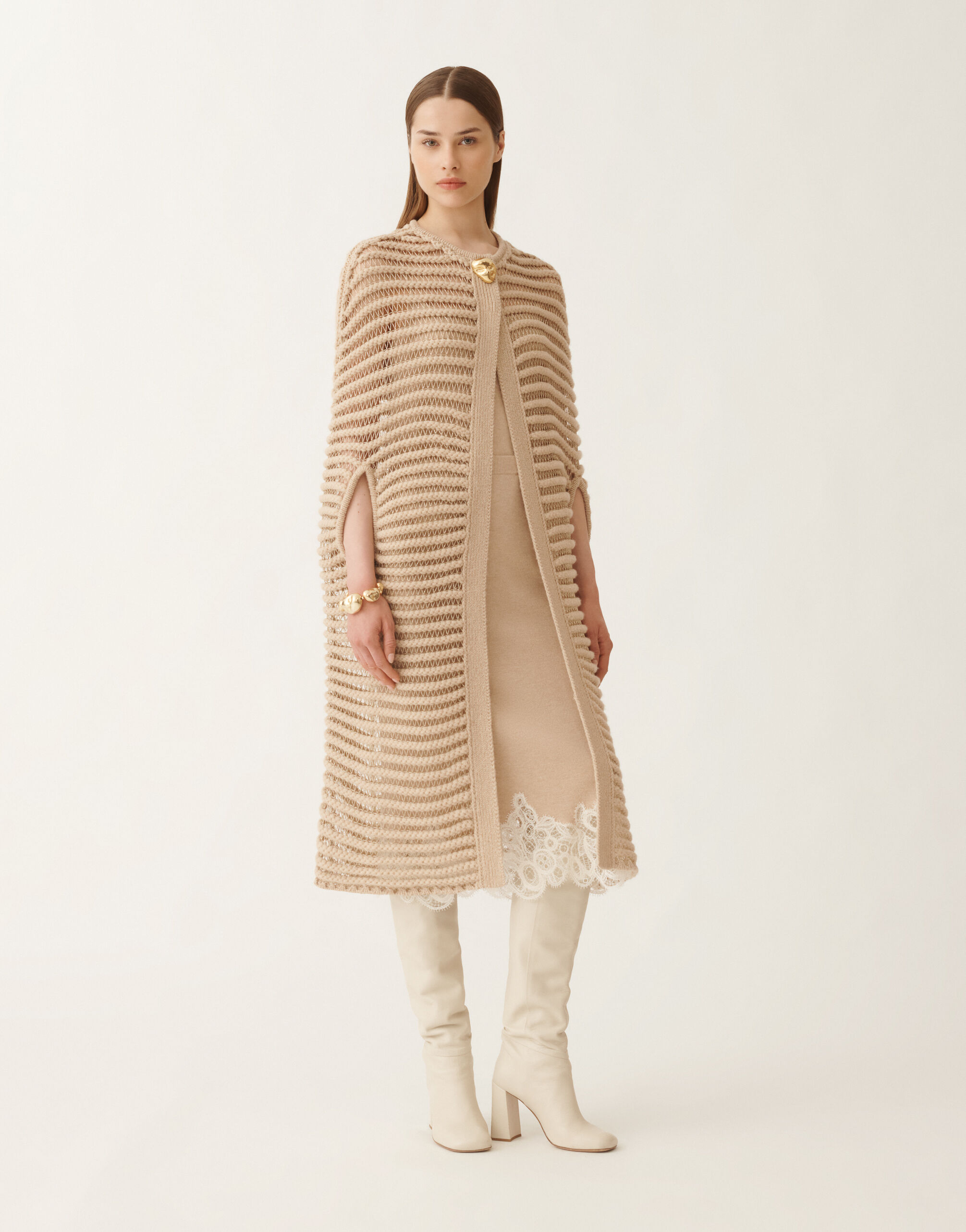 Long cape in camel, albino and gold lurex for Women | Fabiana Filippi®