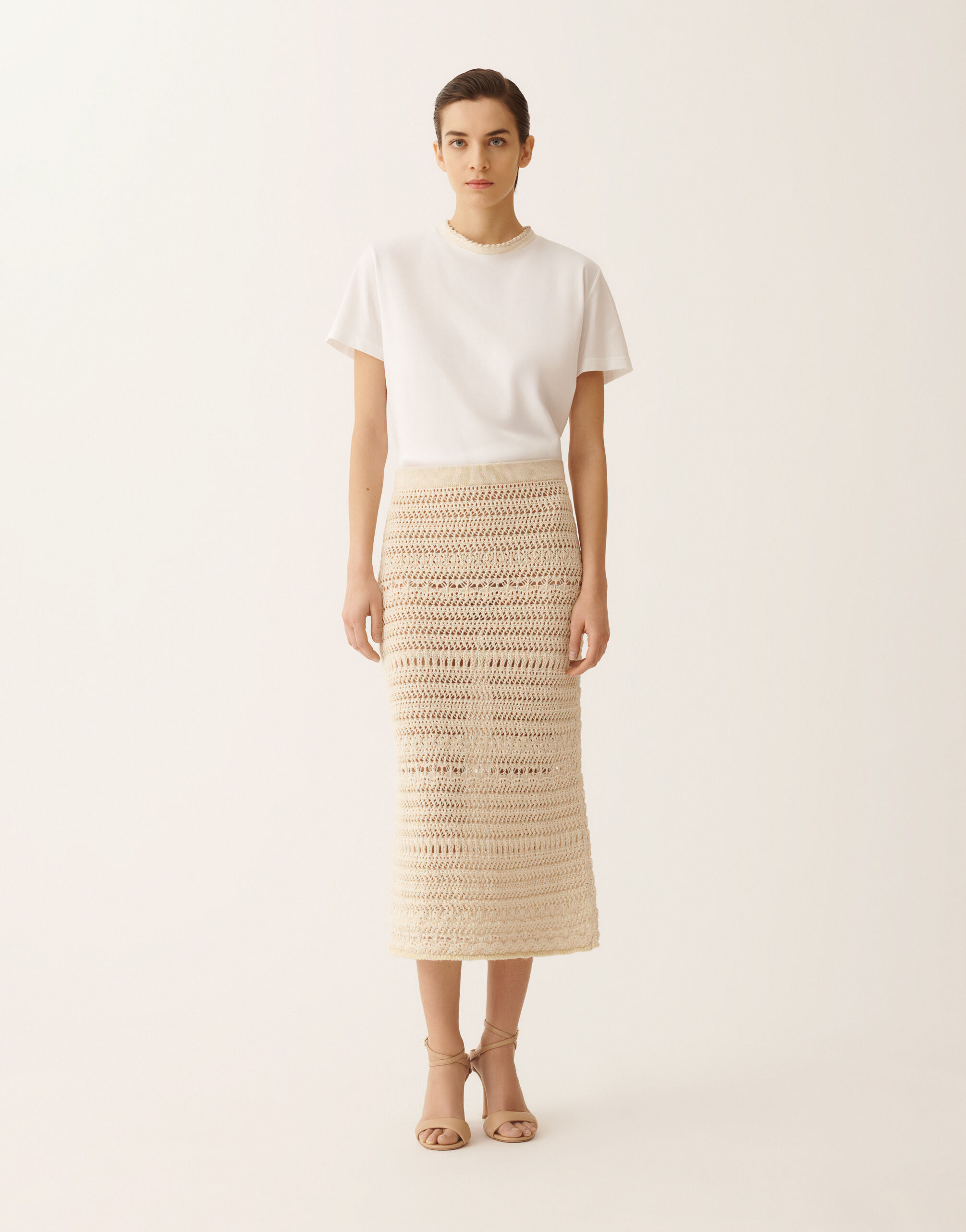 レディースPencil skirt in wool and cotton with sequins, vanilla