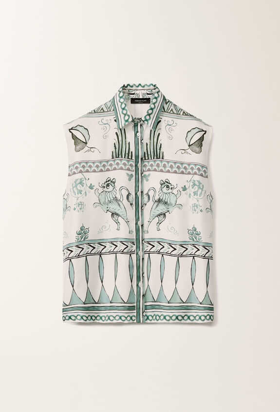 Fabiana Filippi Silk twill T-shirt with painted print, white, aqua green and teal WHITE/TURQUOISE/AQUAGREEN CAD275F597L4550000