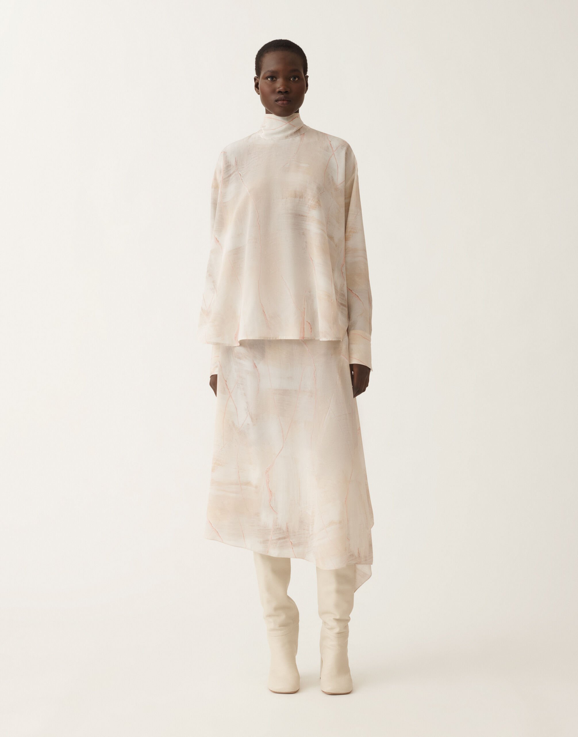 Printed crepe de chine top, butter, maple and peony for