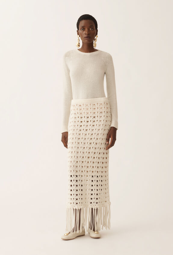 Fabiana Filippi Platinum skirt with fringes, raffia WHITE GND215F402L5980000
