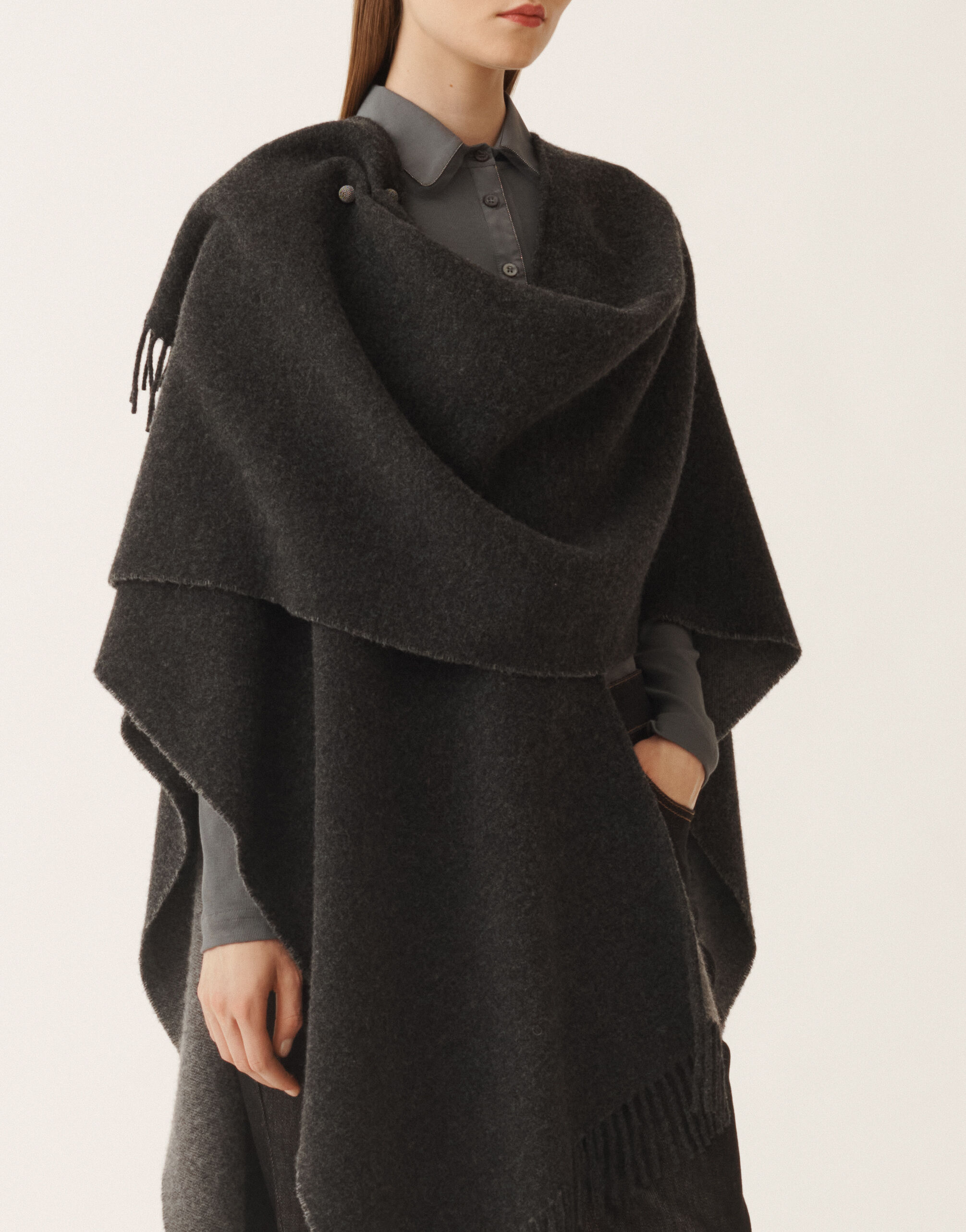 Fabiana Filippi Open wool and cashmere cape, slate and rock Grey SAD225A930L8470000