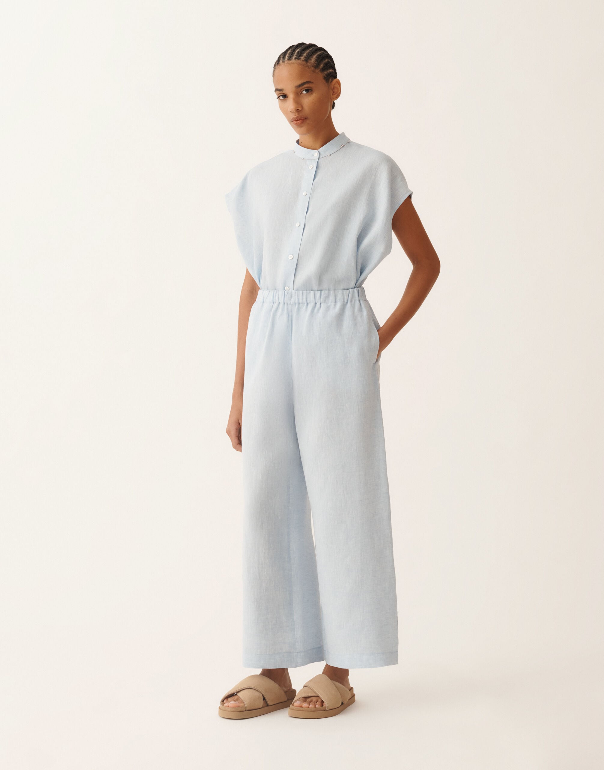 Trevi trousers in sky blue linen fabric for Women | Fabiana Filippi® Trevi trousers in sky blue linen fabric for Women | Fabiana Filippi®