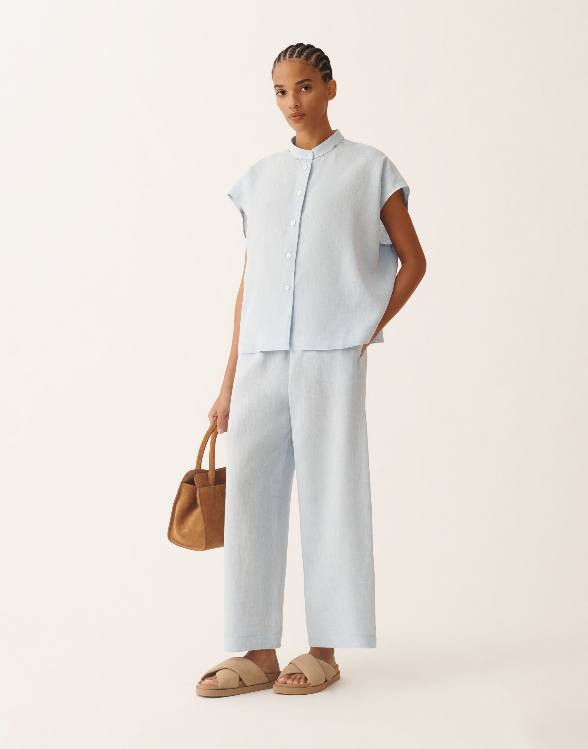 Trevi trousers in sky blue linen fabric for Women | Fabiana Filippi®