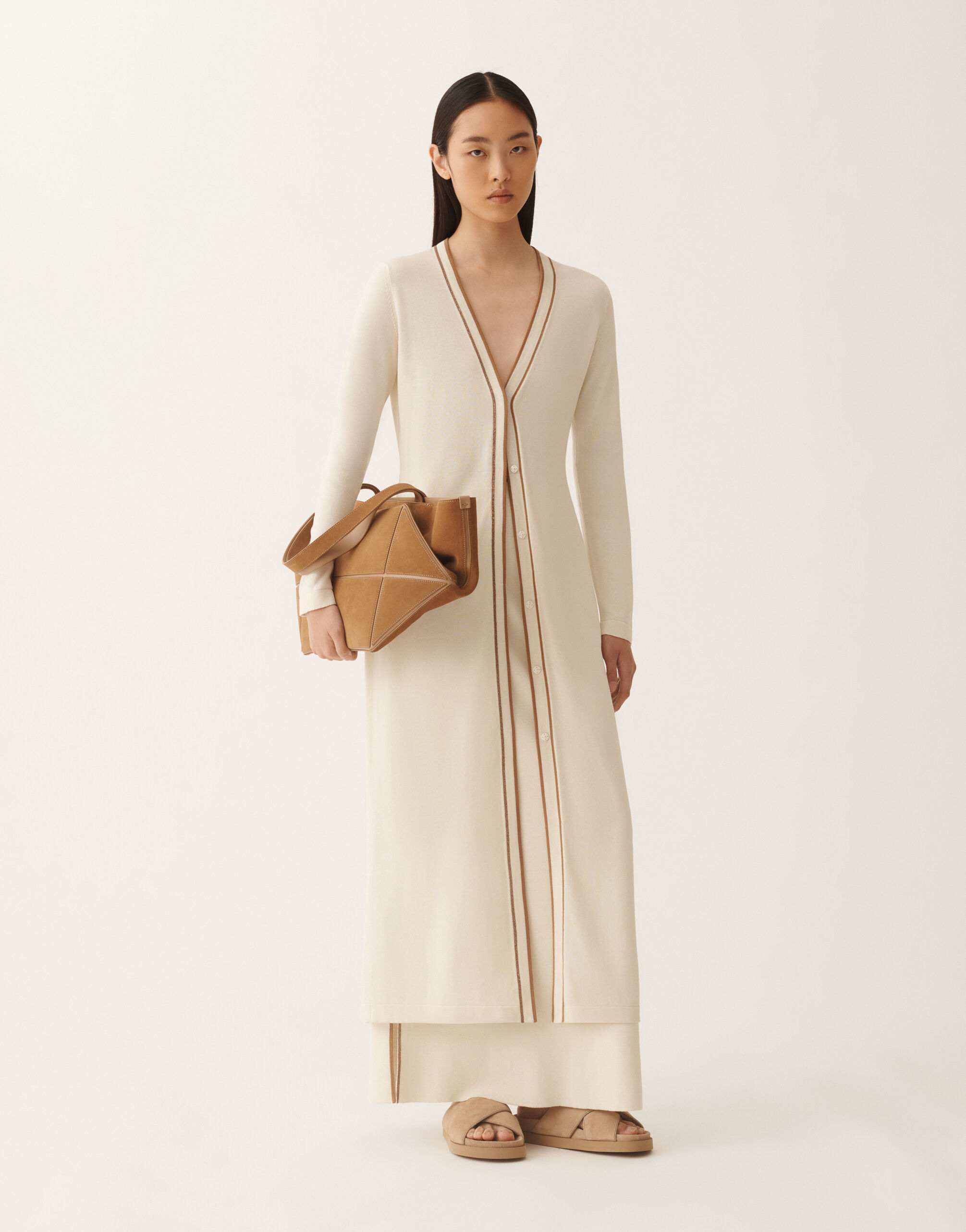 Long cardigan in organic cotton, butter, and wicker for Women