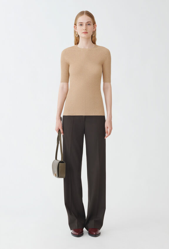 Fabiana Filippi RIBBED CREW NECK LUREX PLATINUM SWEATER WITH 3/4 SLEEVE BROWN MAD224F022L0340000