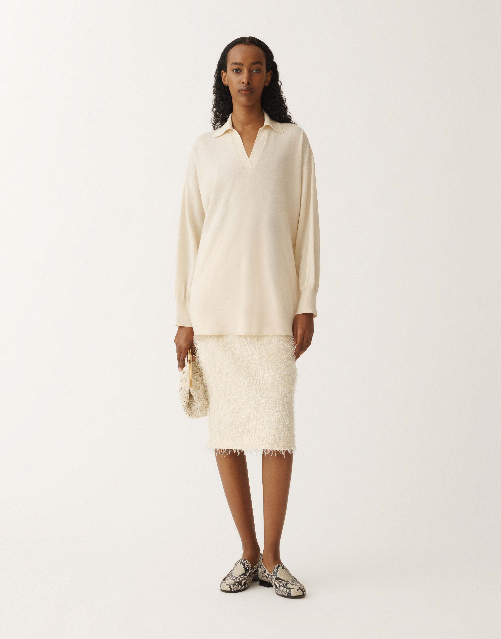 Fabiana Filippi Frayed-effect viscose skirt, putty WHITE GND265F405L1660000