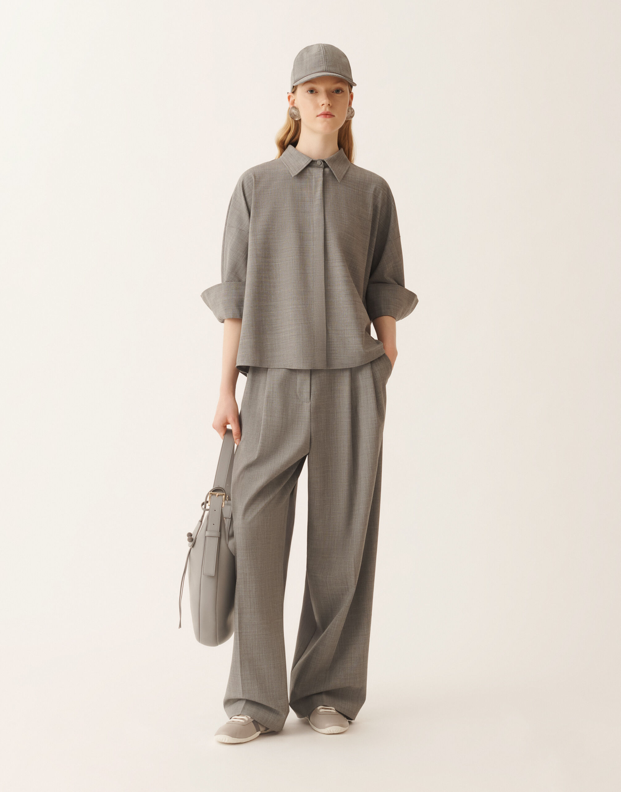 Cropped shirt in bistretch fresco wool, rock mélange for Women