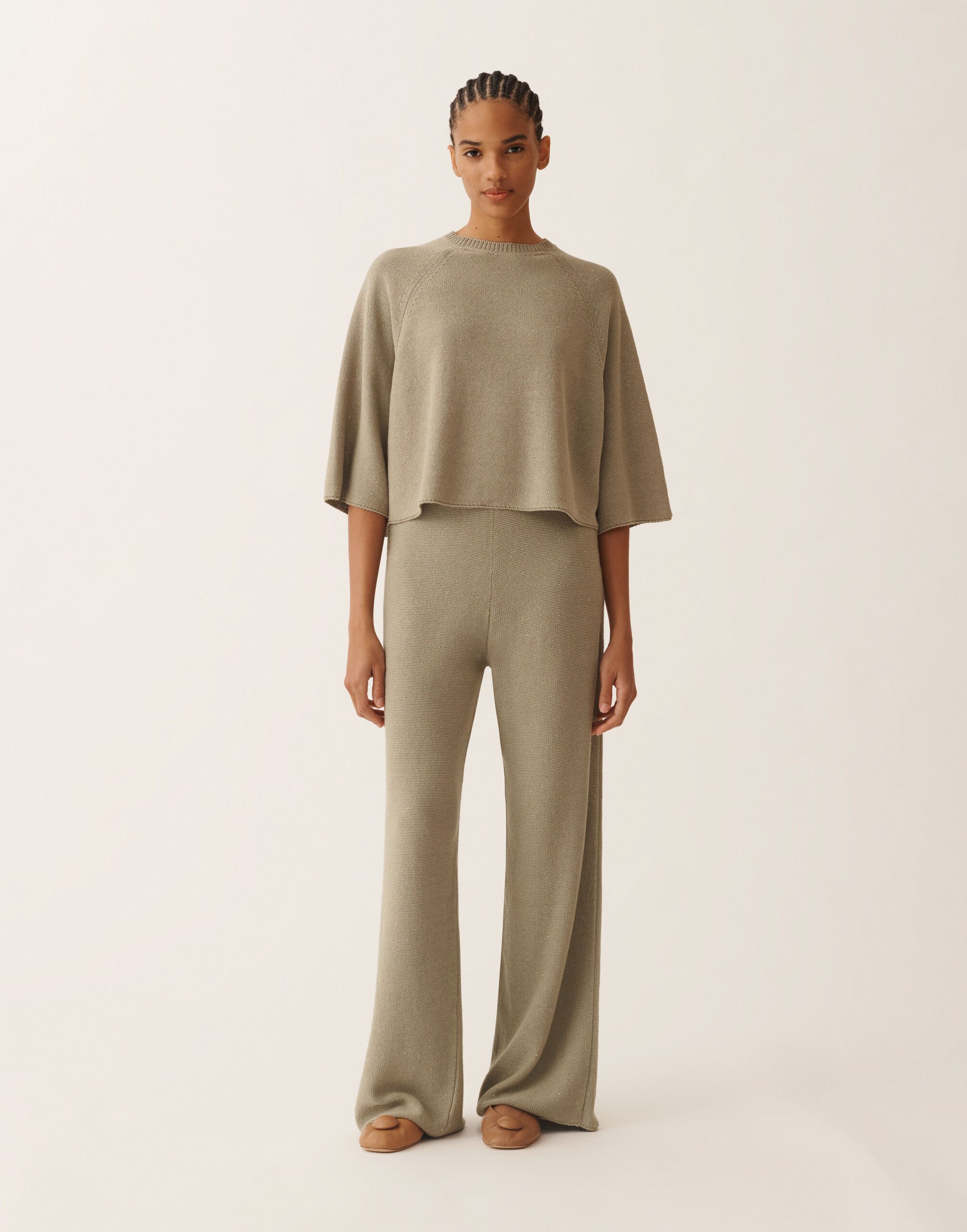 Cotton and linen cape with sequins, khaki Fabiana Filippi Cotton and linen cape with sequins, khaki KHAKI MAD266F349D2730000