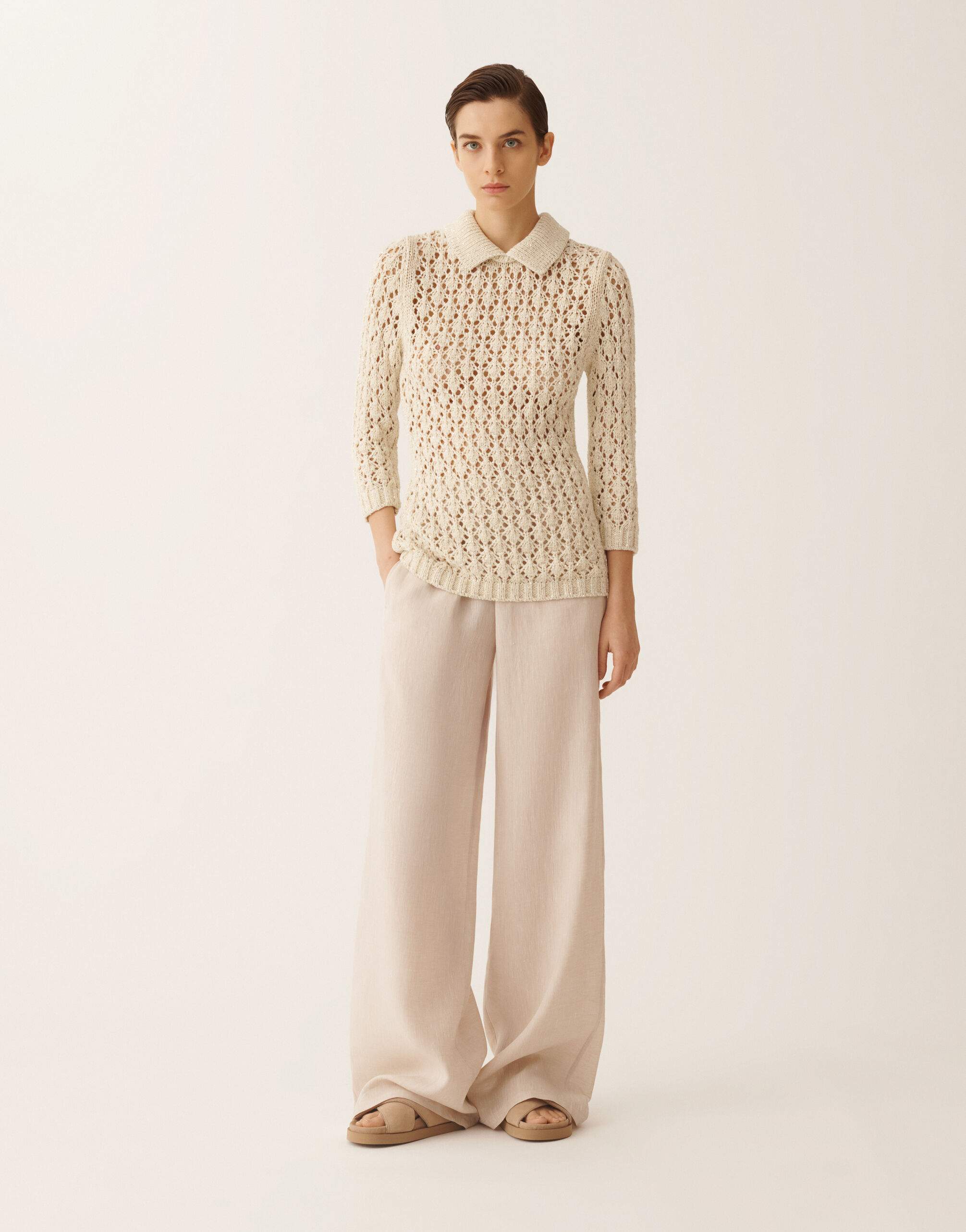 Cotton tape-knit sweater with sequins, butter for Women | Fabiana