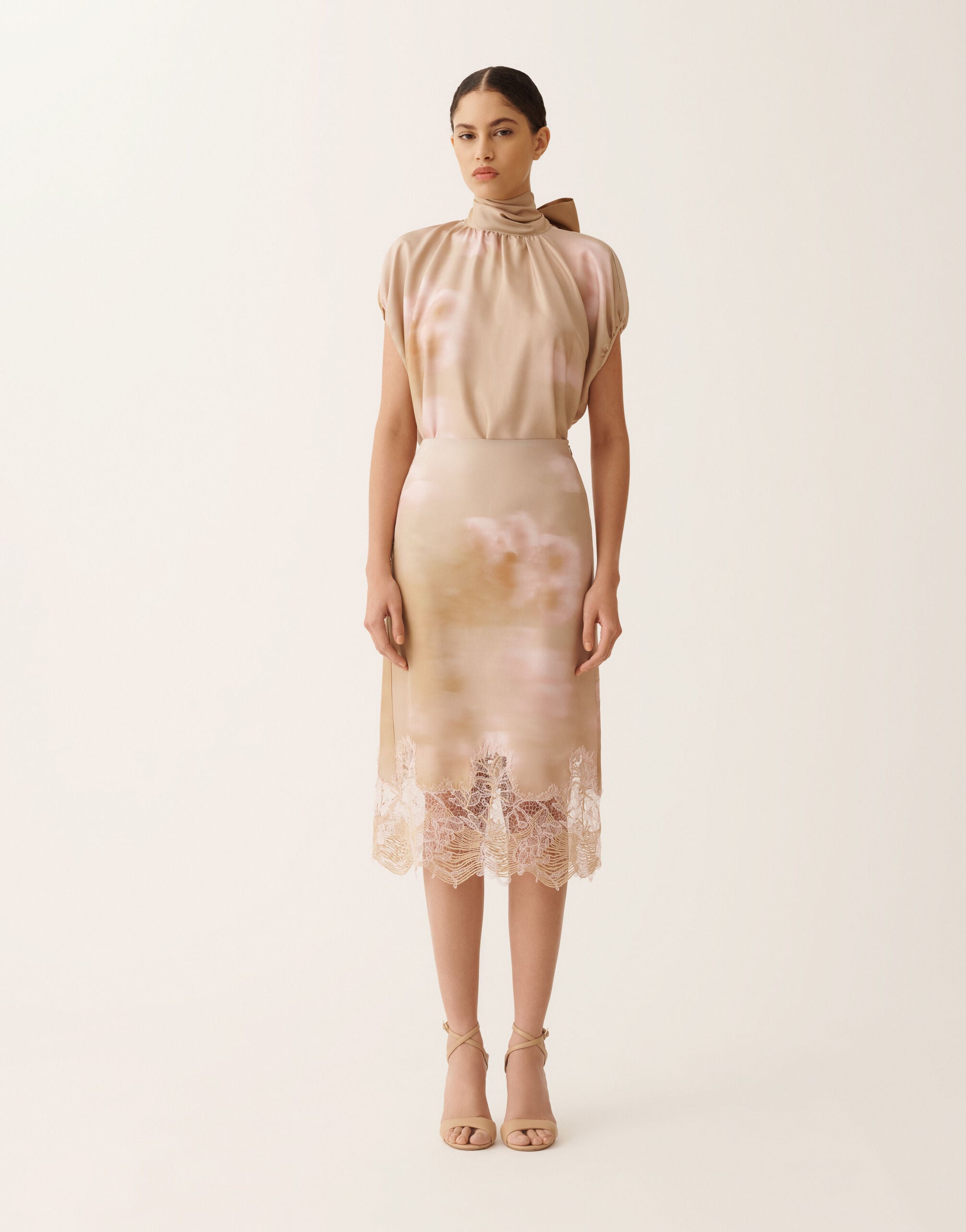 Printed silk twill skirt with lace, memento rosae for Women