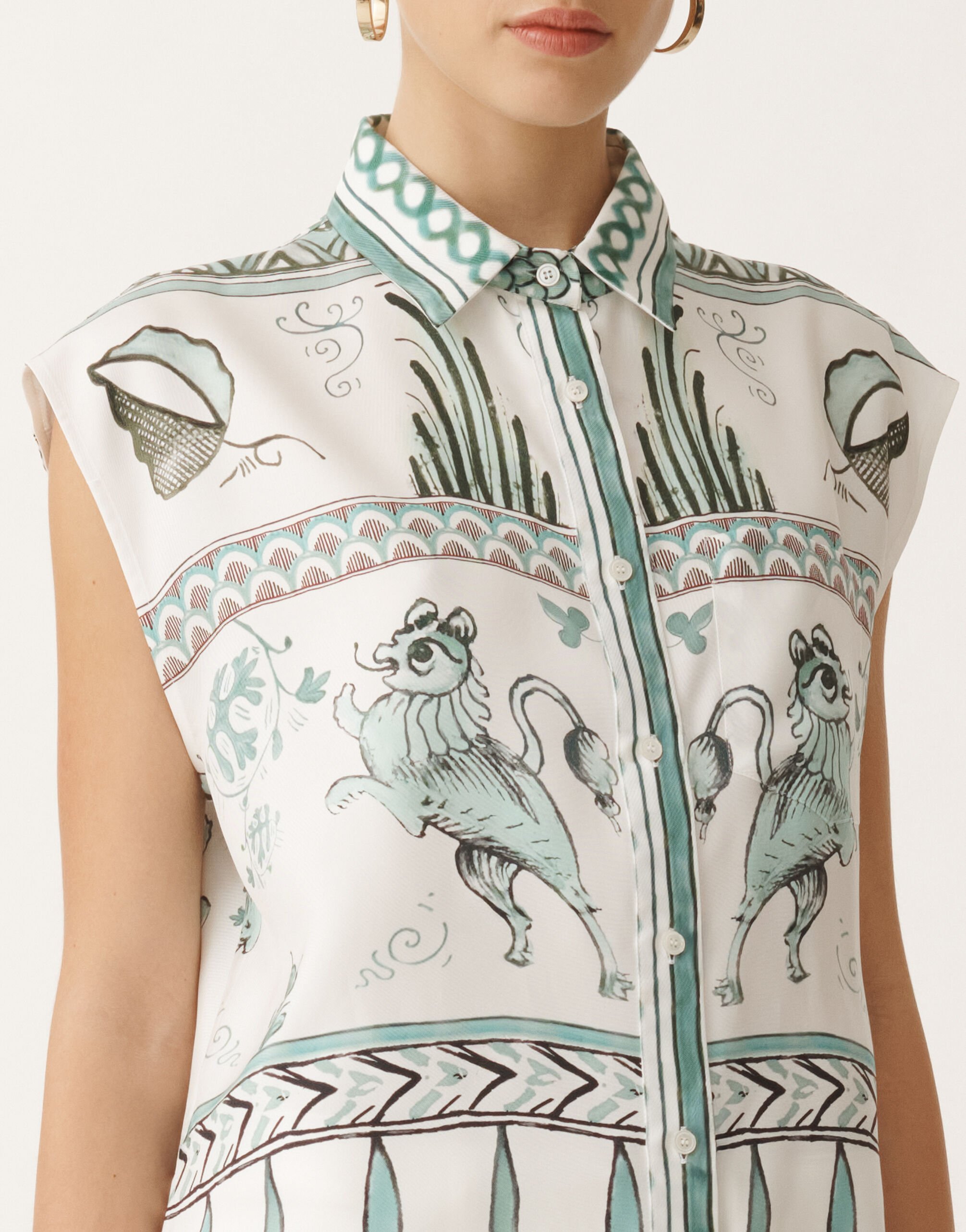 Fabiana Filippi T-shirt en sergé de soie à imprimé picta, blanc, vert d’eau et bleu pétrole BLANC/TURQUOISE/VERT EAU CAD275F597L4550000