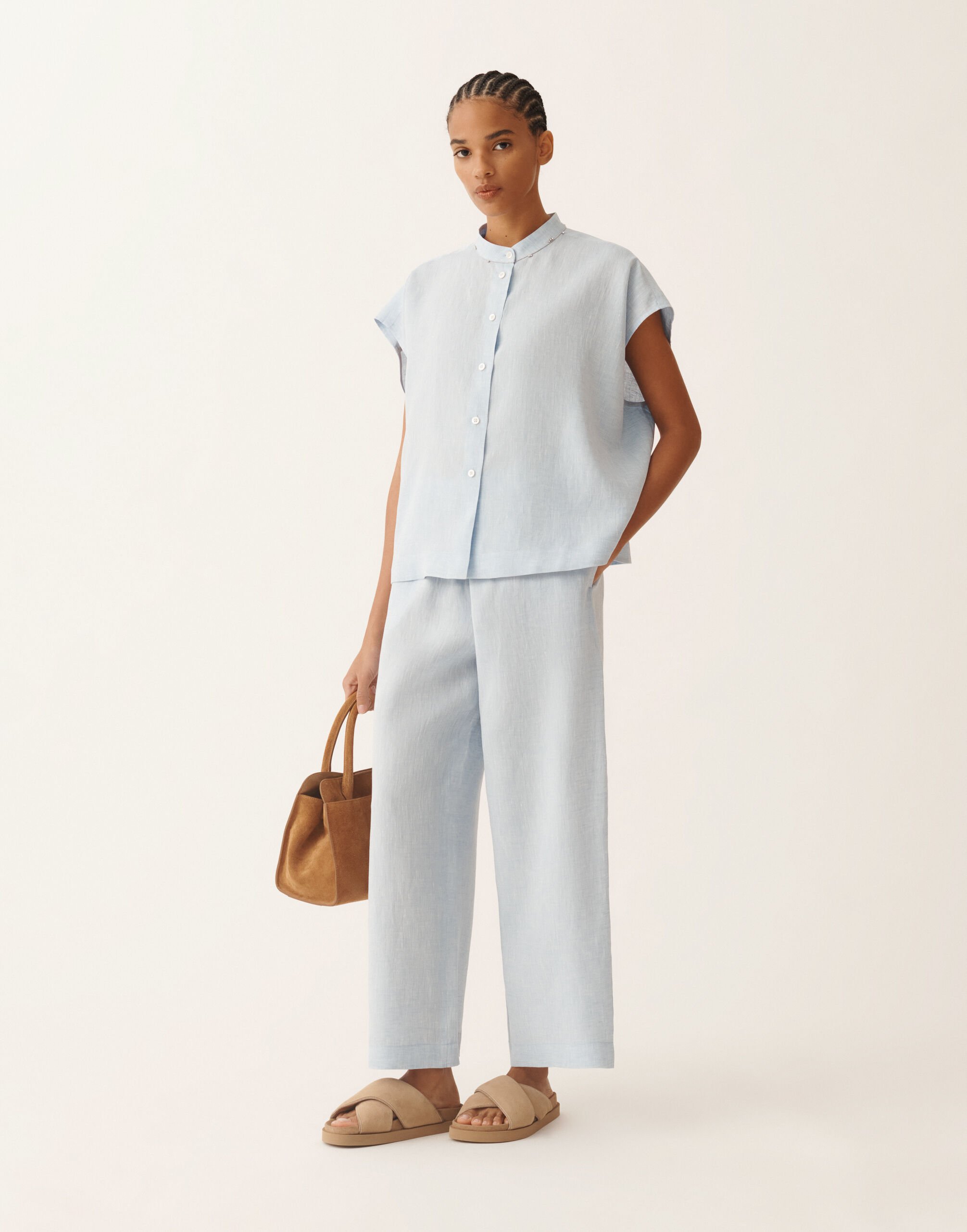 Camicia senza maniche in tela di lino, azzurro cielo Fabiana Filippi Camicia senza maniche in tela di lino, azzurro cielo AZZURRO CIELO CAD276F762M1630000