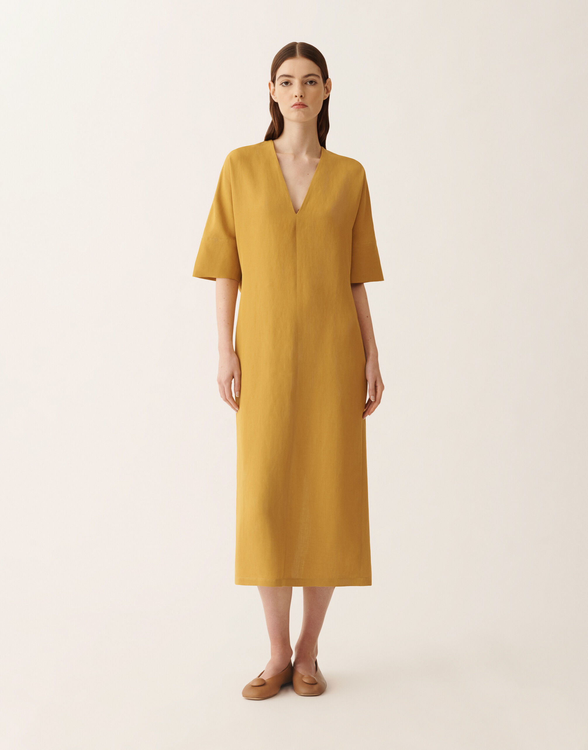 Fluid linen and viscose dress in mustard for Women | Fabiana Filippi®