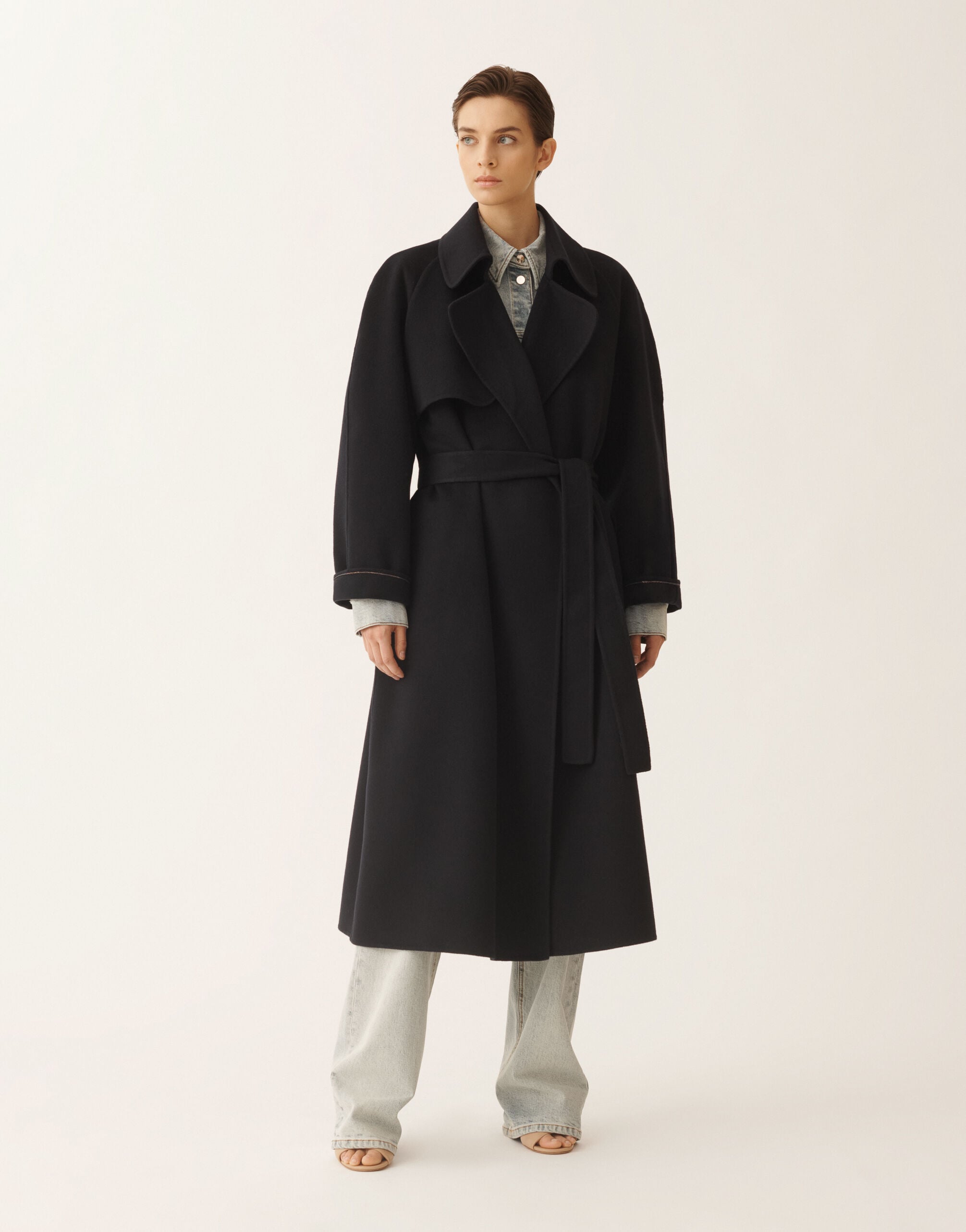 Night blue wool double trench coat for Women | Fabiana Filippi®