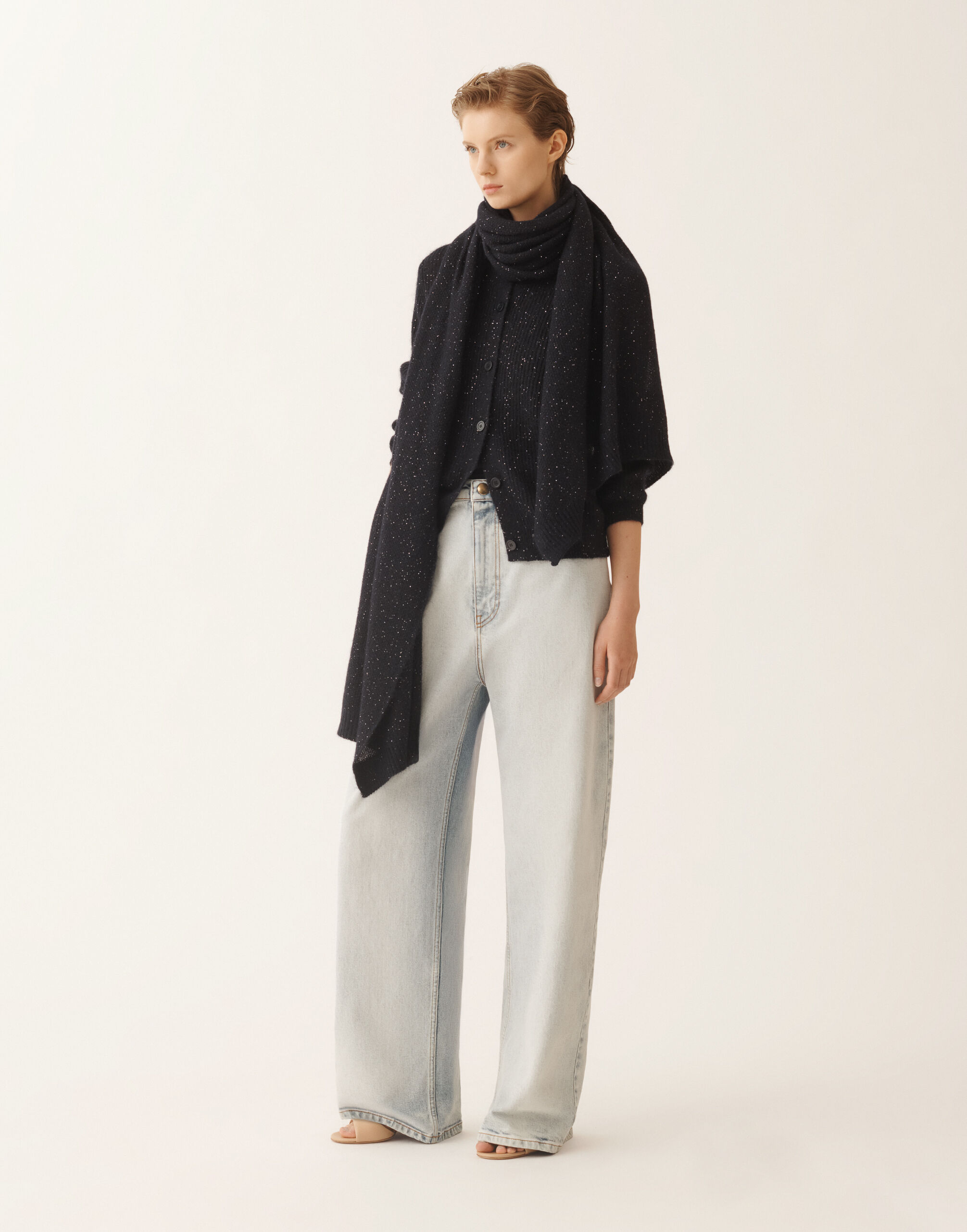 レディースMohair scarf with micro sequins, midnight blue 新着