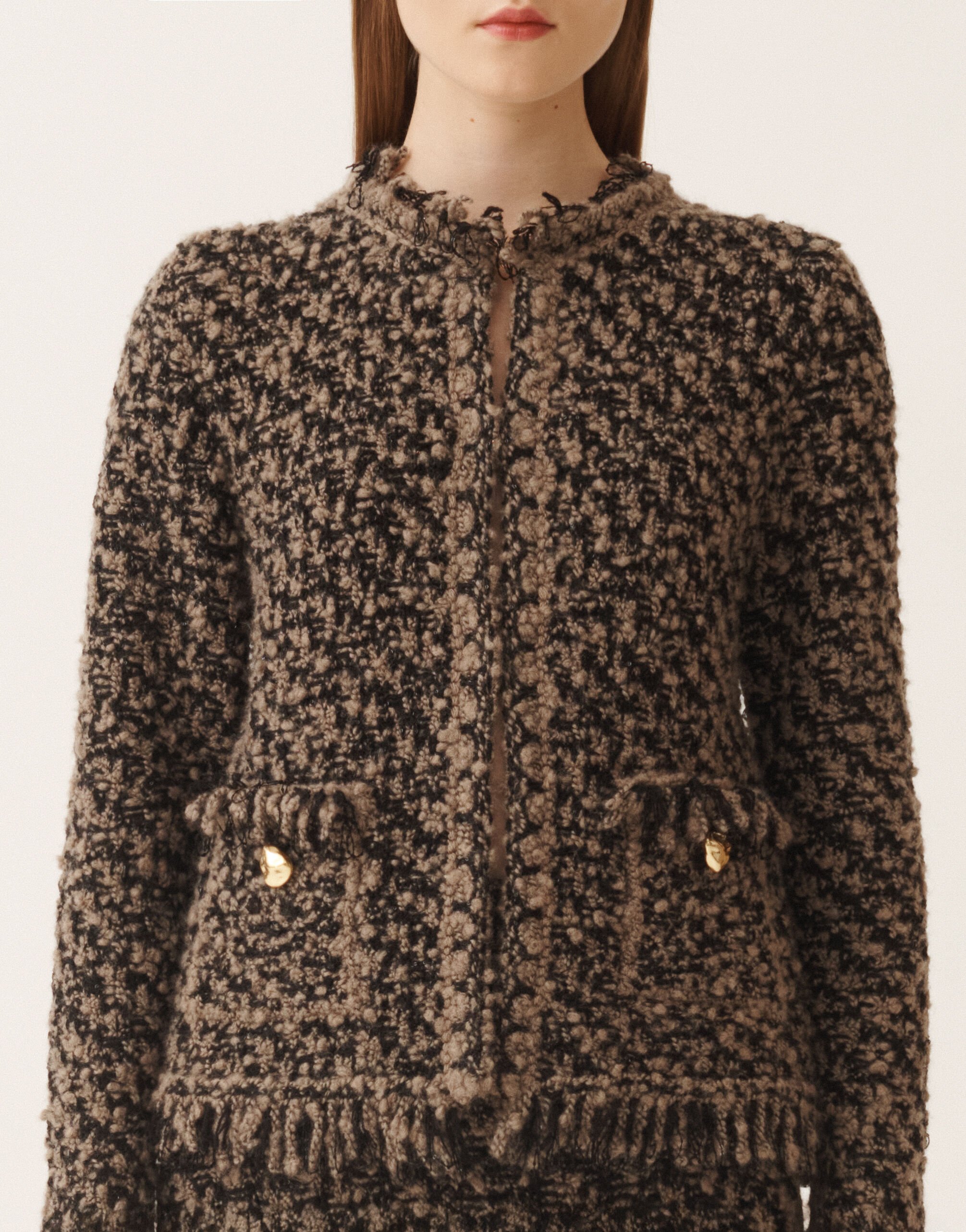 Jacket in tweed and sequins, mud and black for Women