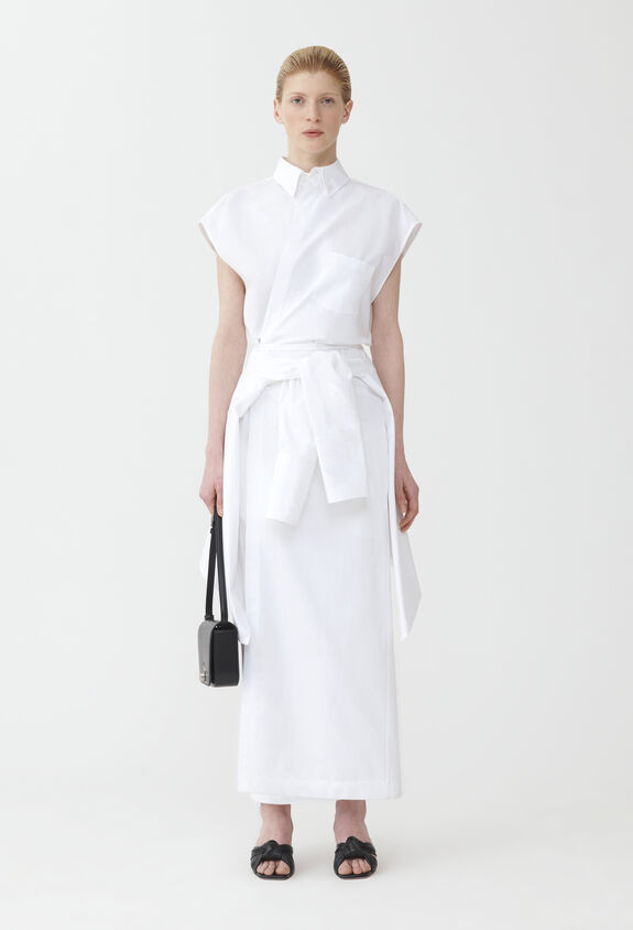 Fabiana Filippi LINEN CLOTH ROBE DRESS WITH SHIRT COLLAR AND CHEST POCKET OPTICAL WHITE ABD274F478D6610000