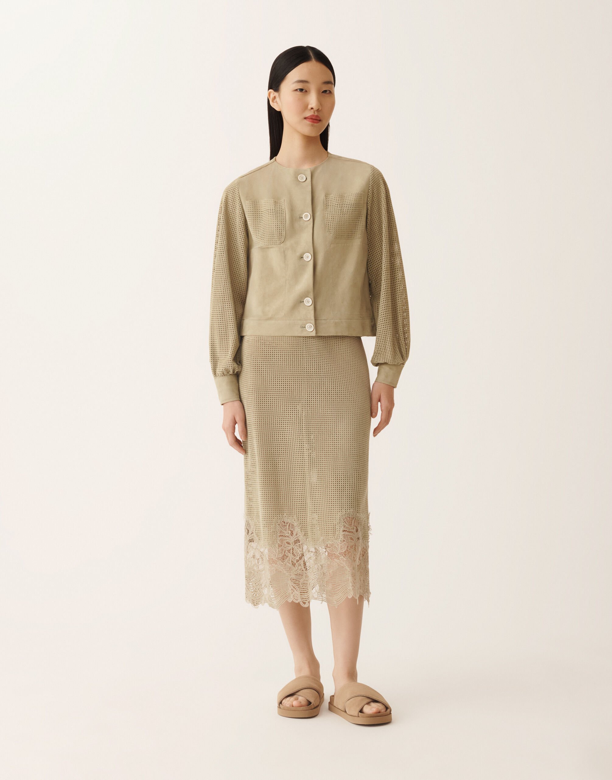 Perforierte Wildlederjacke, Khaki Fabiana Filippi Perforierte Wildlederjacke, Khaki Khaki PLD276F721M1360000