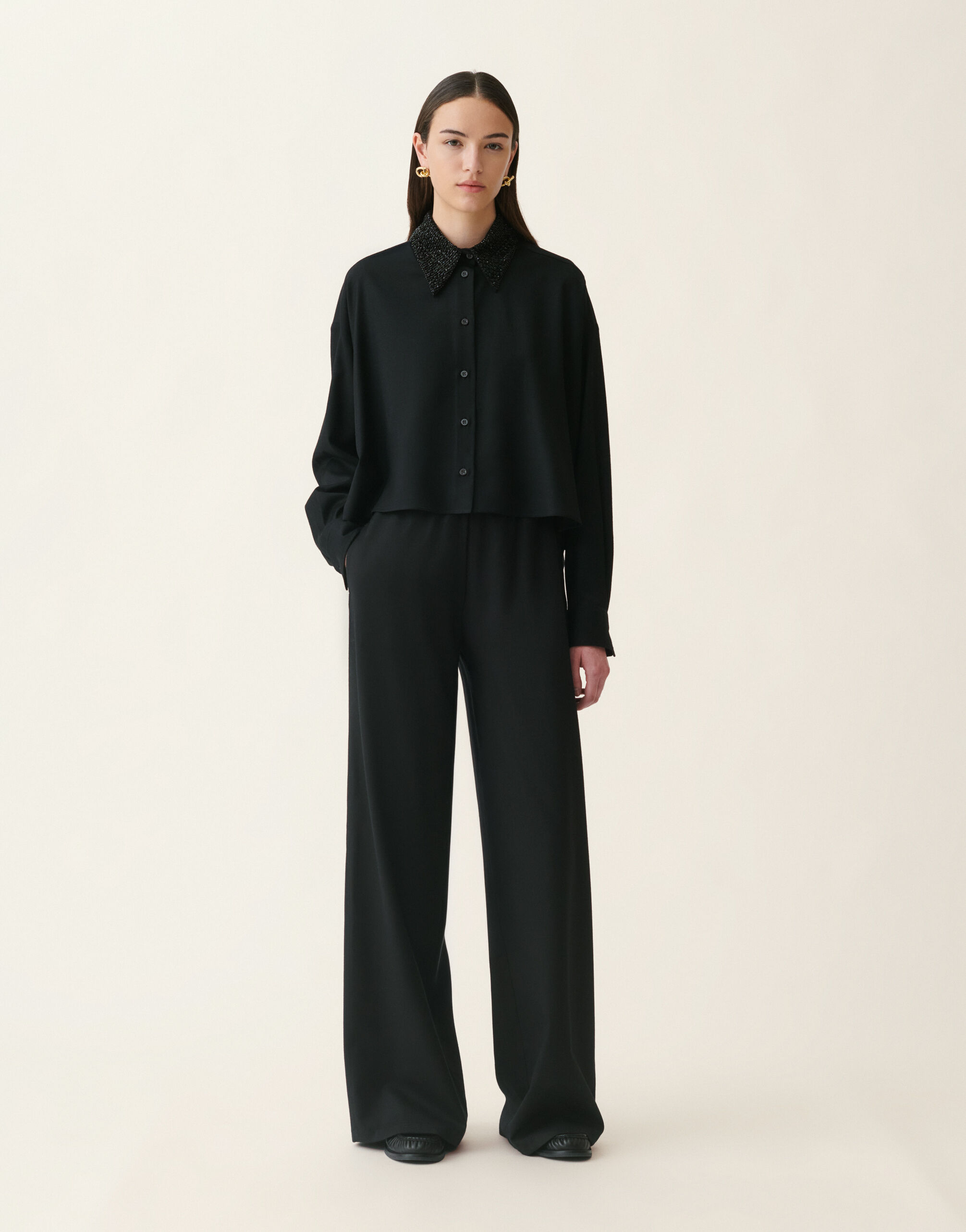 Cropped flannel shirt, black Fabiana Filippi Cropped flannel shirt, black Black CAD226F313M3940000