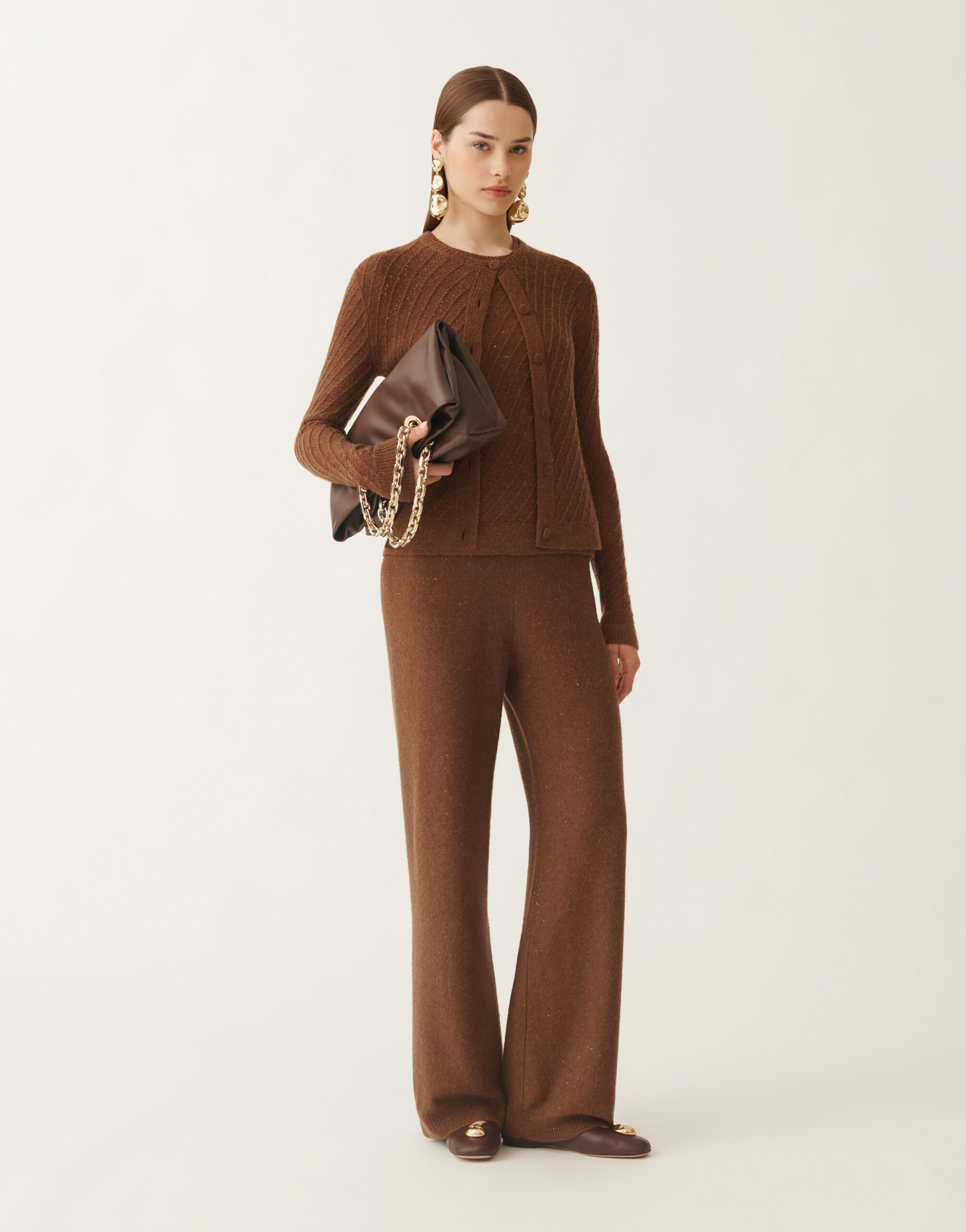Wool and silk trousers with sequins, mahogany for Women | Fabiana