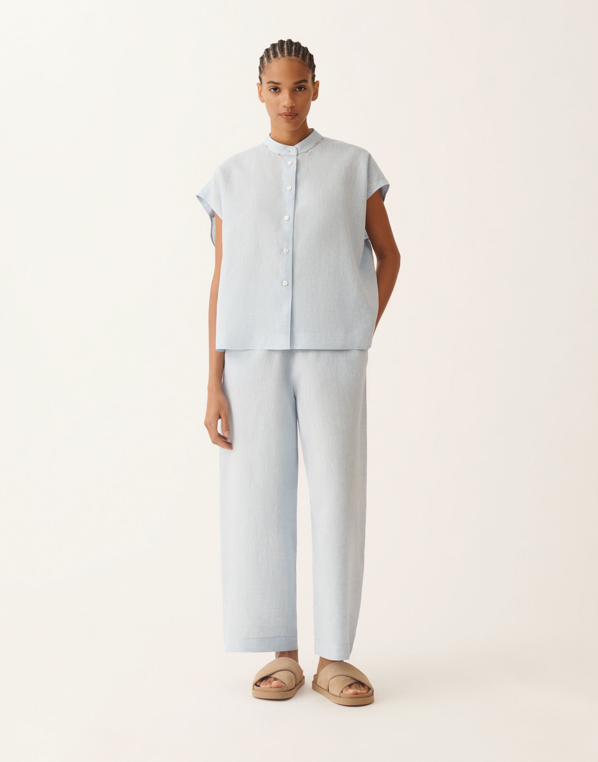 Sleeveless shirt in sky-blue linen fabric for Women | Fabiana Filippi®