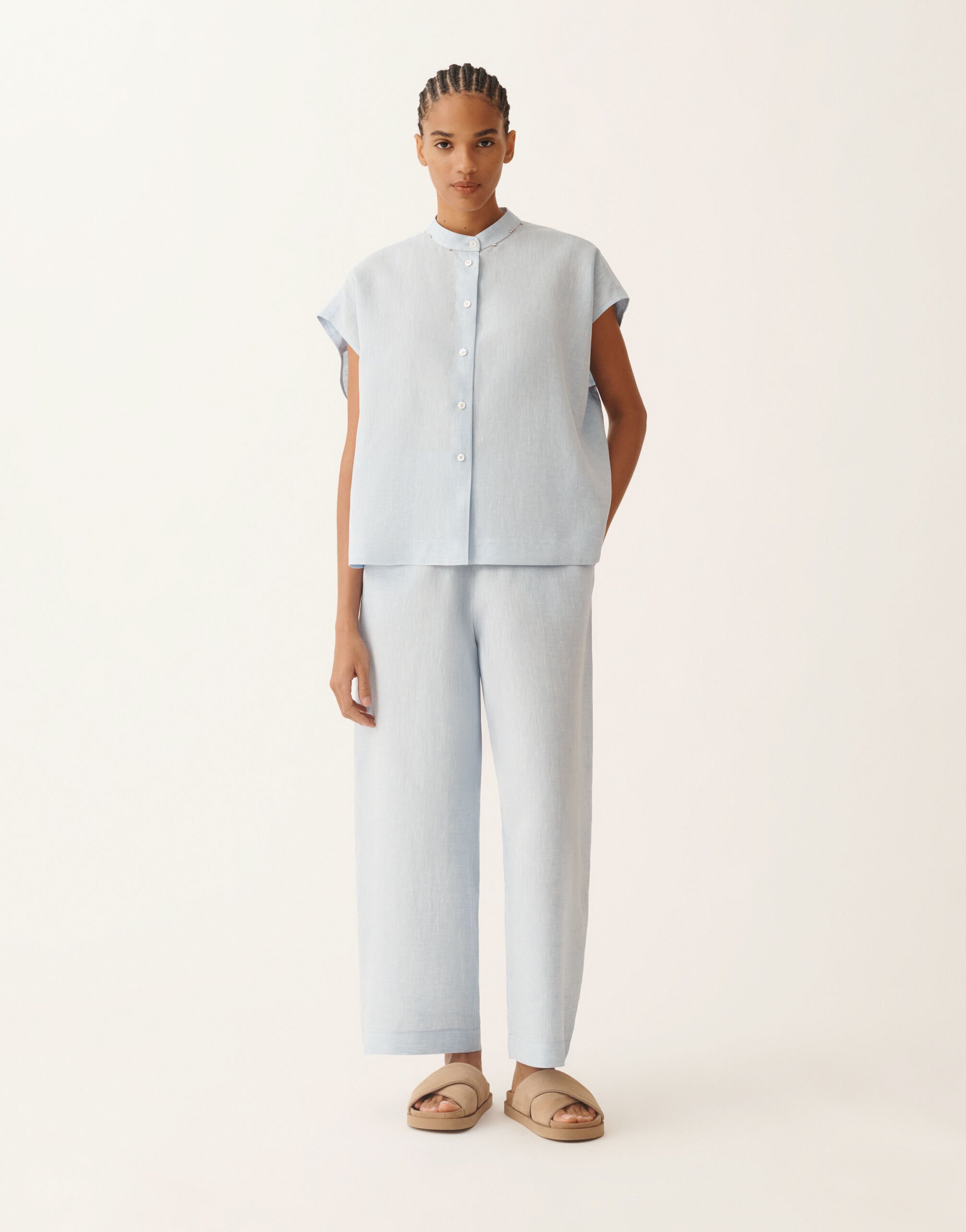 Camicia senza maniche in tela di lino, azzurro cielo Fabiana Filippi Camicia senza maniche in tela di lino, azzurro cielo AZZURRO CIELO CAD276F762M1630000